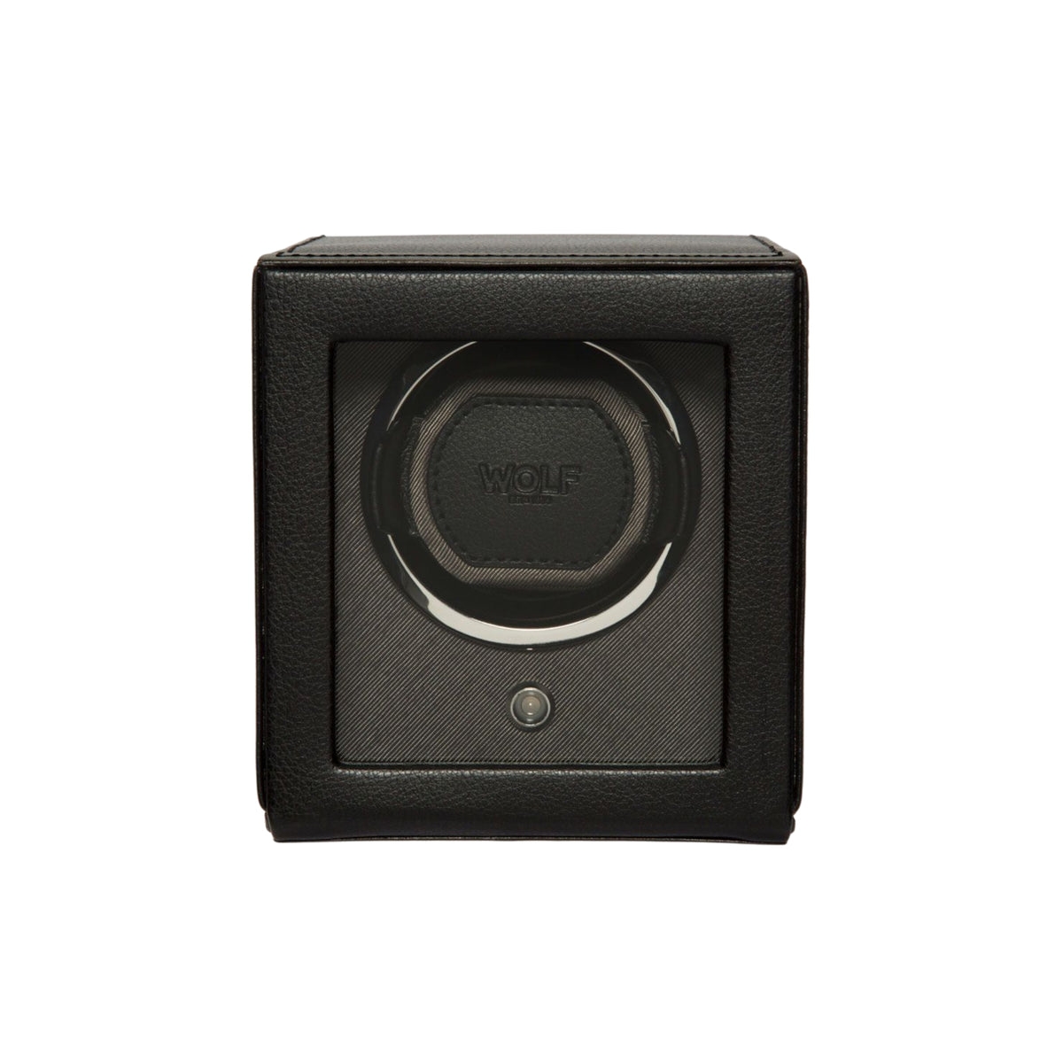 WOLF Cub 461103 front view of closed black single watch winder with glass viewing cover and winding module