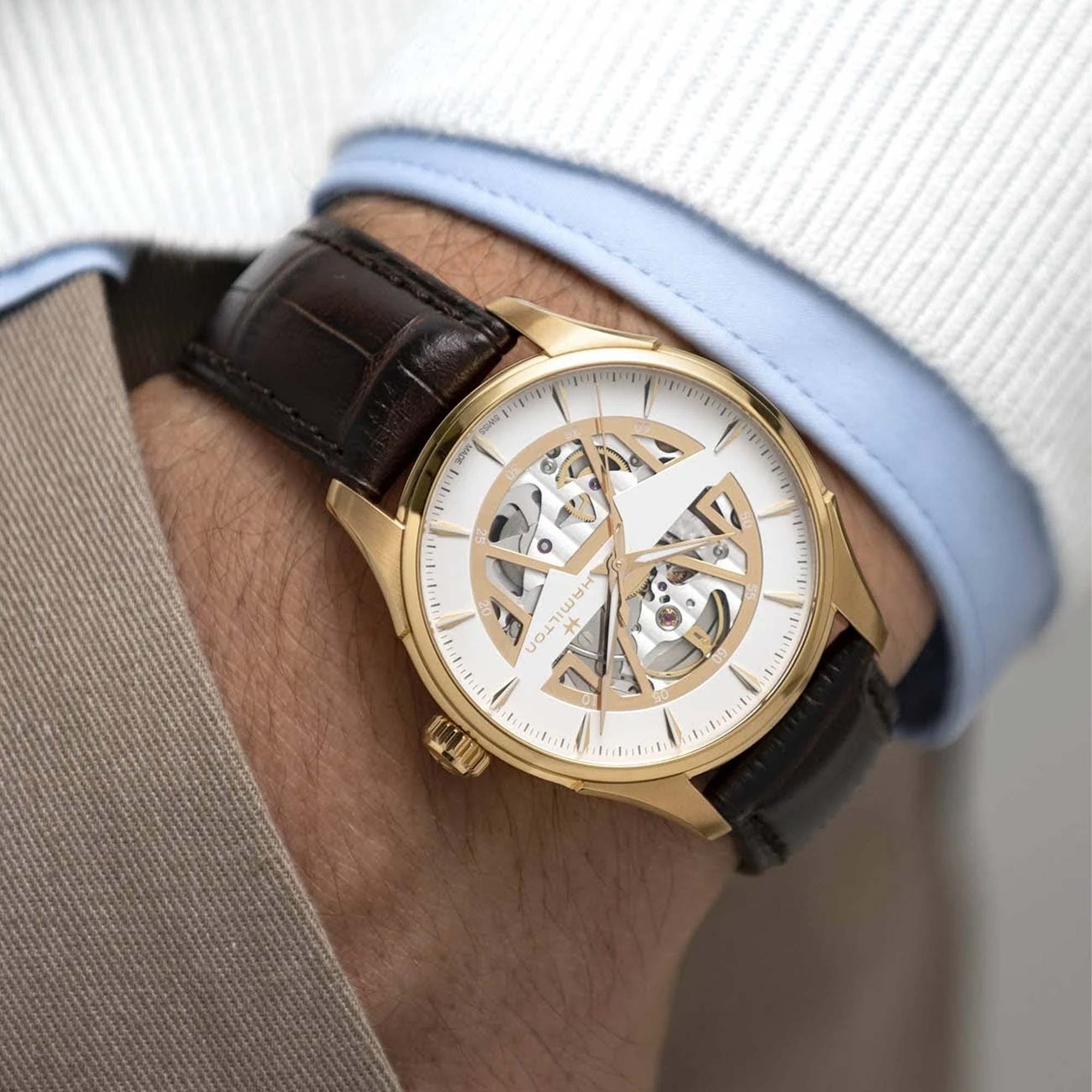 Hamilton Jazzmaster 40mm Skelett Zifferblatt Leder Herren Automatik Uhr H42505510