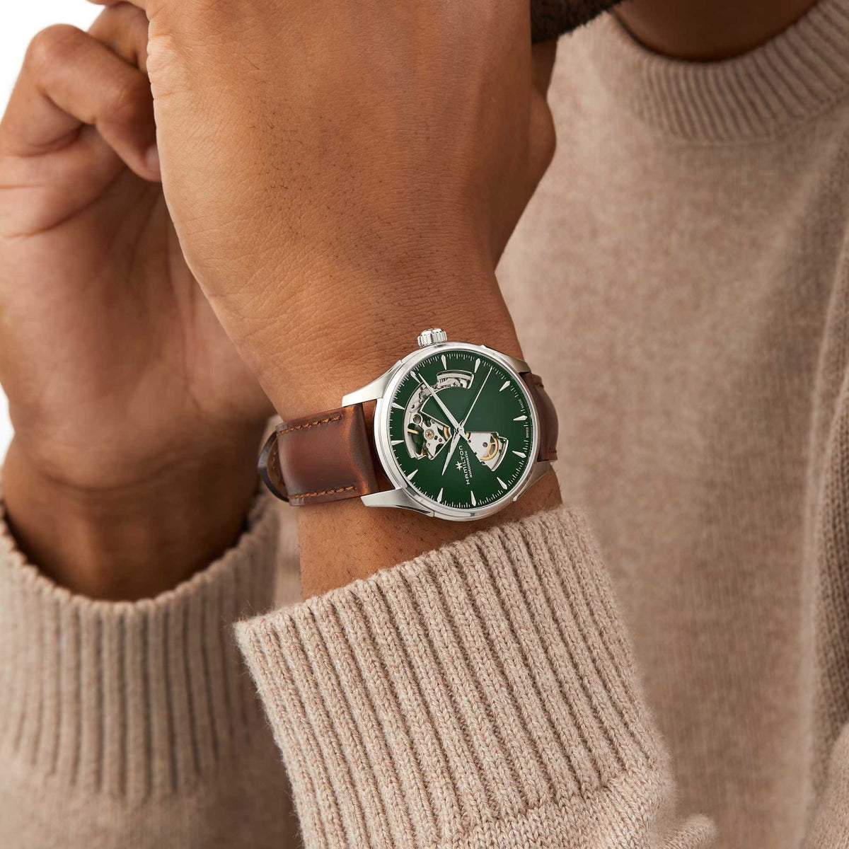 Hamilton Jazzmaster Open Heart smoked green H32675560 40mm automatic watch on wrist