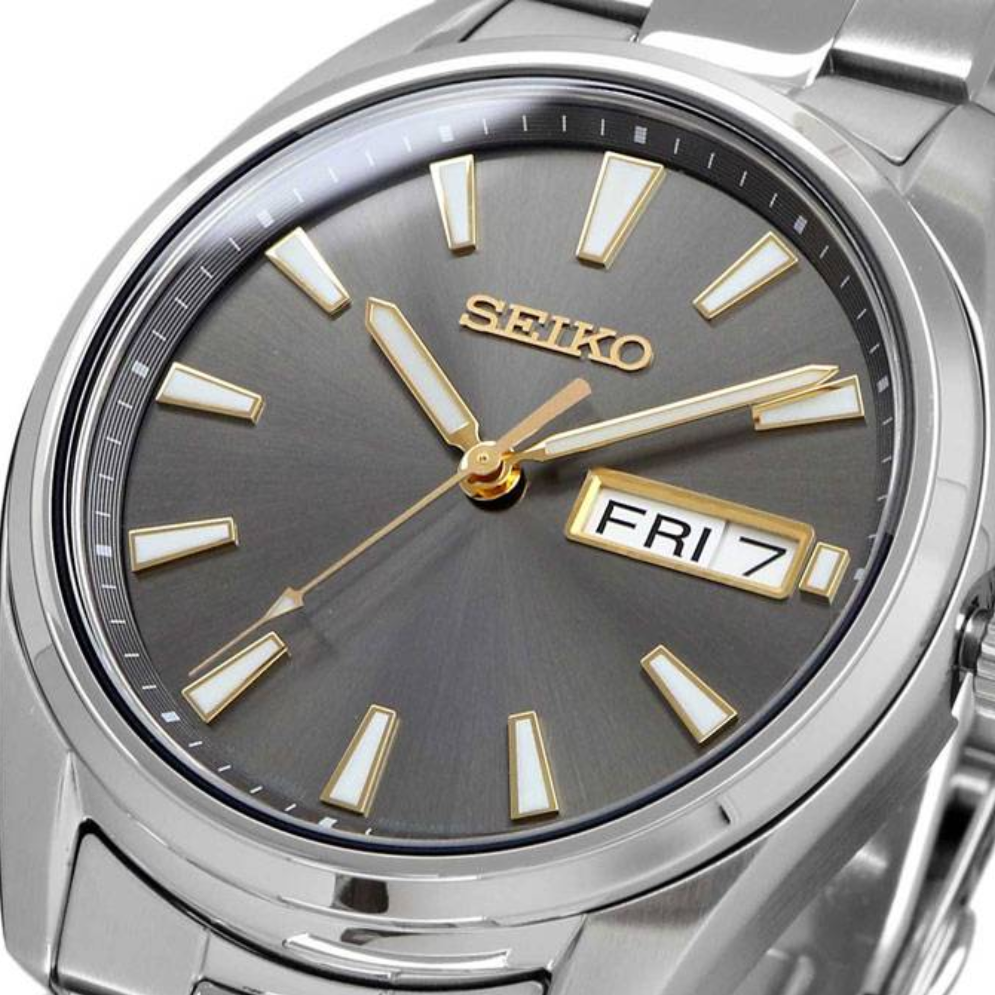 Seiko Essentials SUR343P1 Quartz 40mm grey sunburst dial close-up