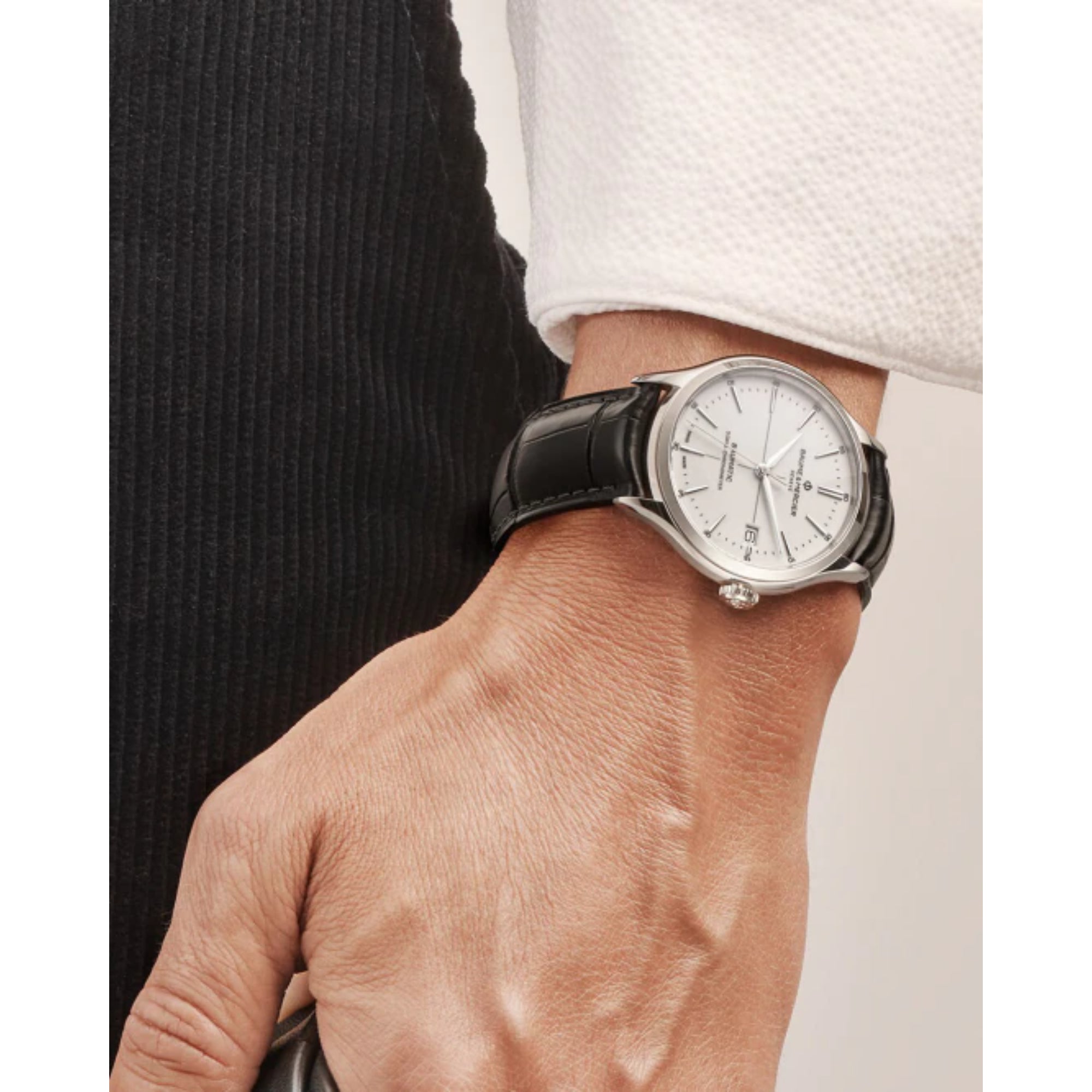 Baume & Mercier Clifton Baumatic Automatic White Dial Black Leather Strap Men's Watch BM0A10518