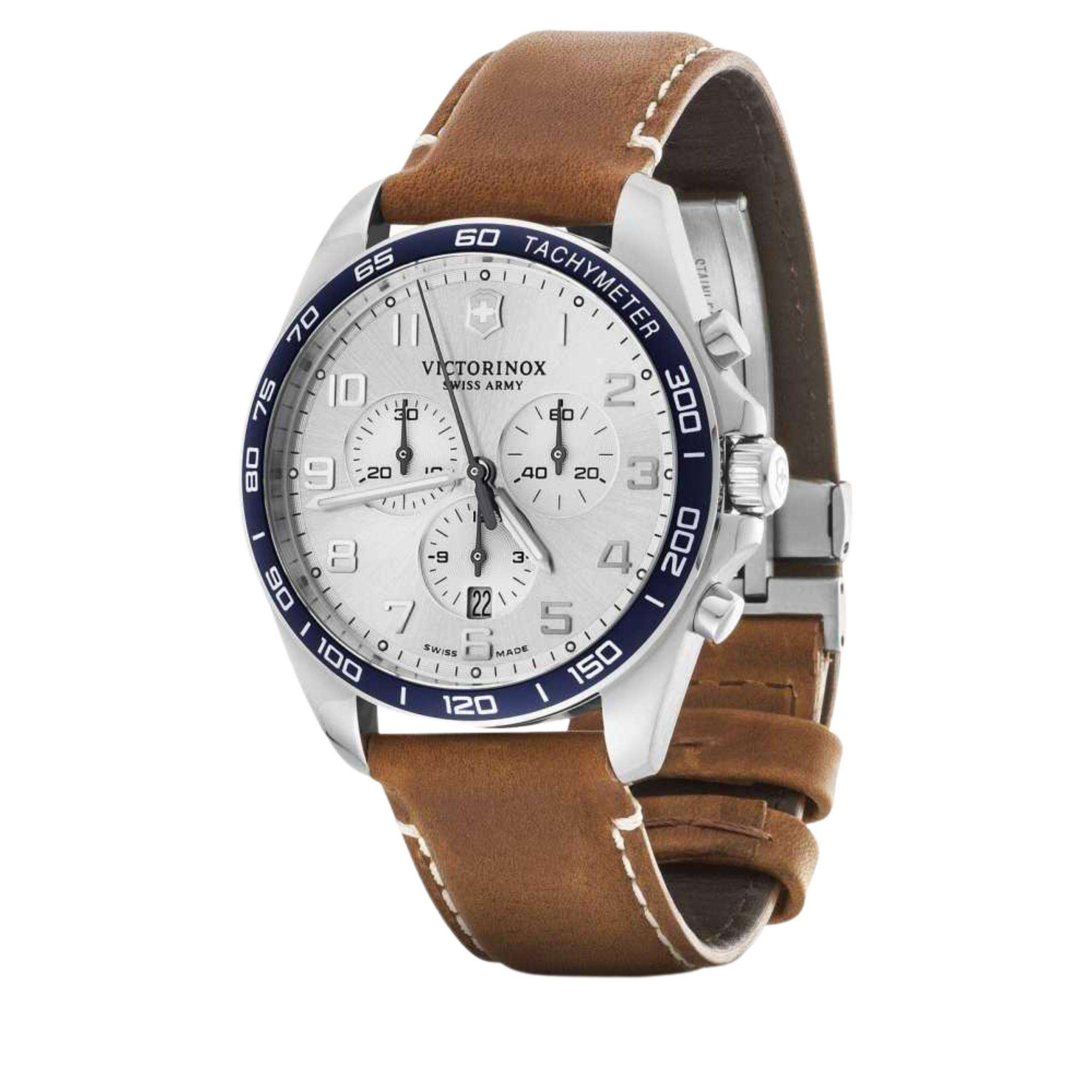 Victorinox FieldForce 42mm Chronograph Silbernes Zifferblatt Leder Herren Quarz Uhr 241900