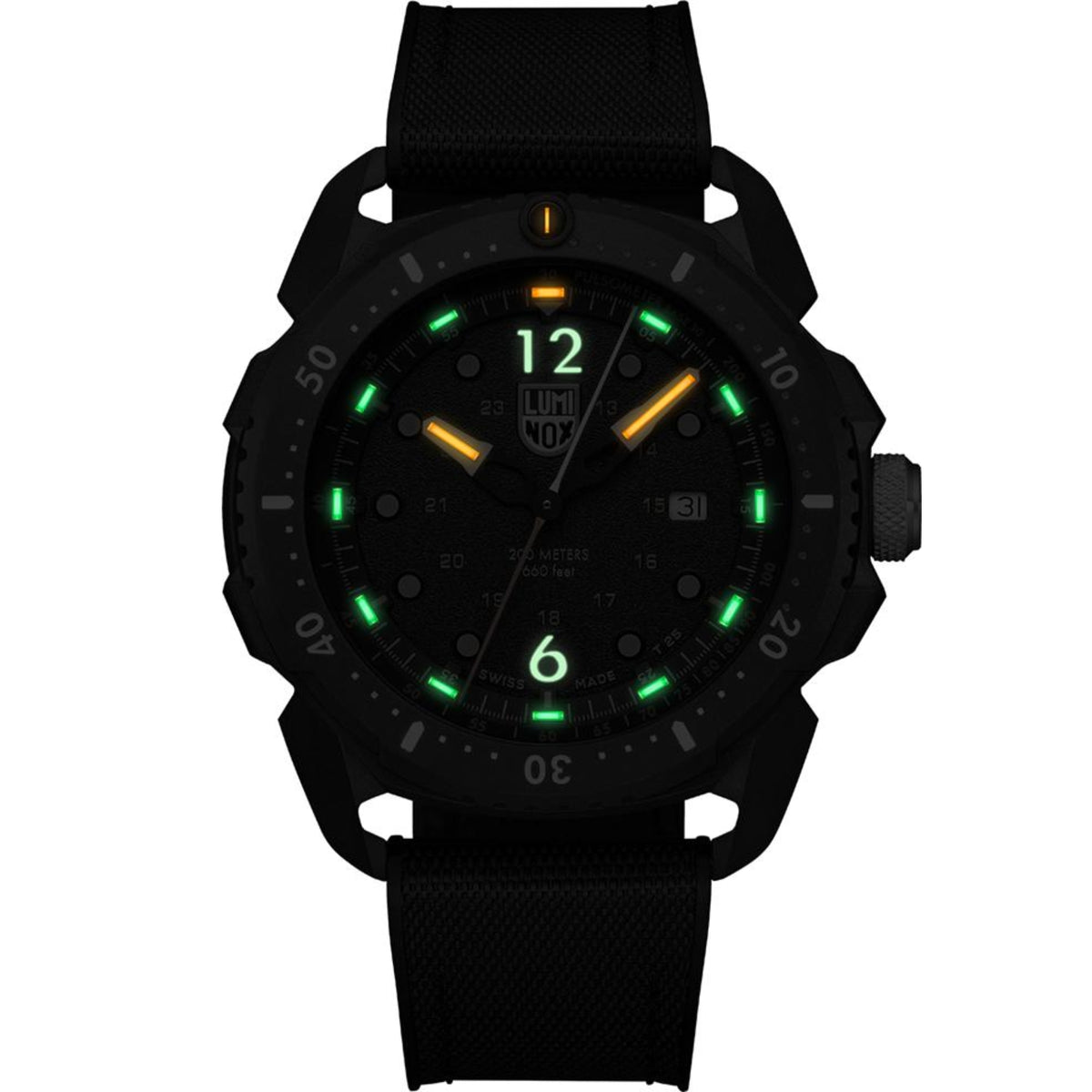 Luminox ICE SAR Arctic 1050 Series XL.1052 black dial watch showing green and orange luminous night display