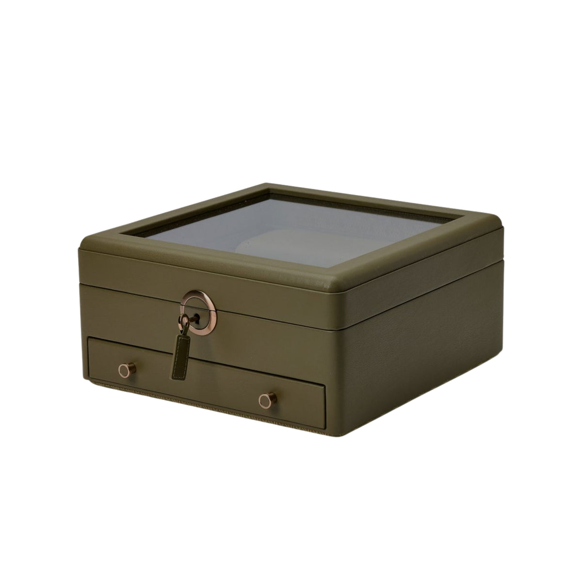 WOLF Earth 190741 three-quarter perspective showing closed olive watch stand box with inserted key tag and drawer knobs