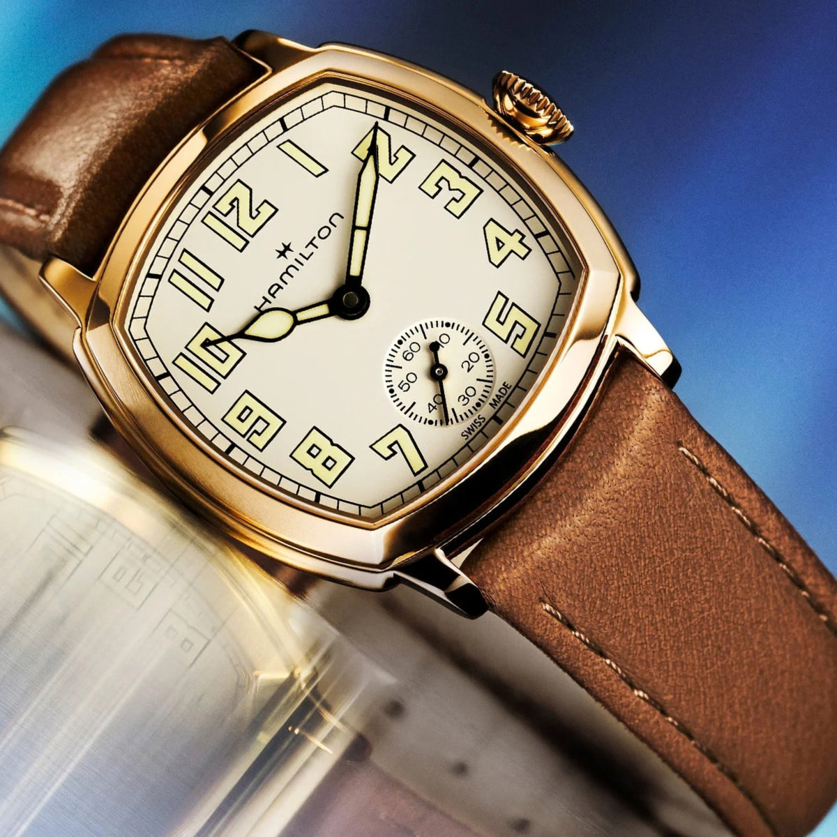 Hamilton American Classic Cushion Mechanical 34mm Beige Dial Yellow Gold-Tone Steel Leather Mens Manual-Wind Watch H36139520