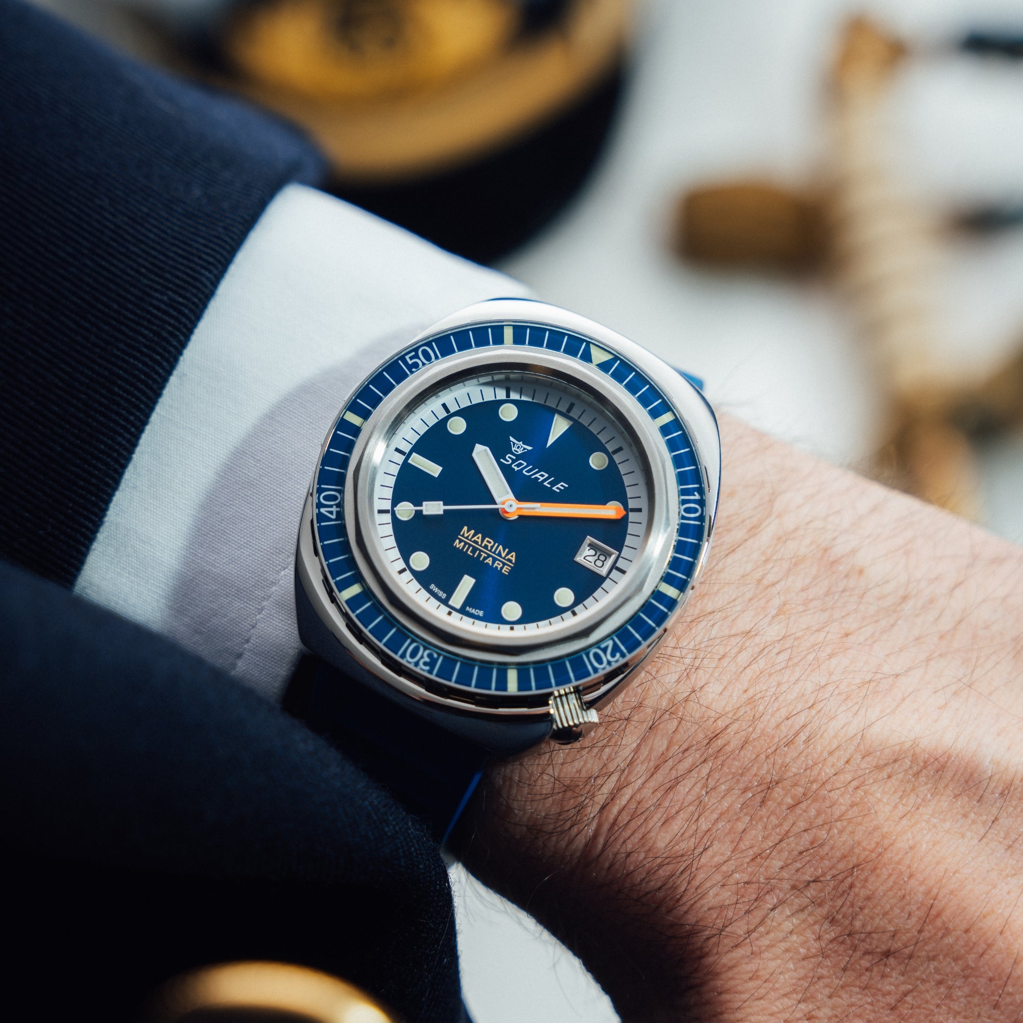 Squale 2001 Marina Militare 41.5mm Limited Edition Navy Blue Dial Rubber and Steel Mens Automatic Watch 2001MARINA.RBL