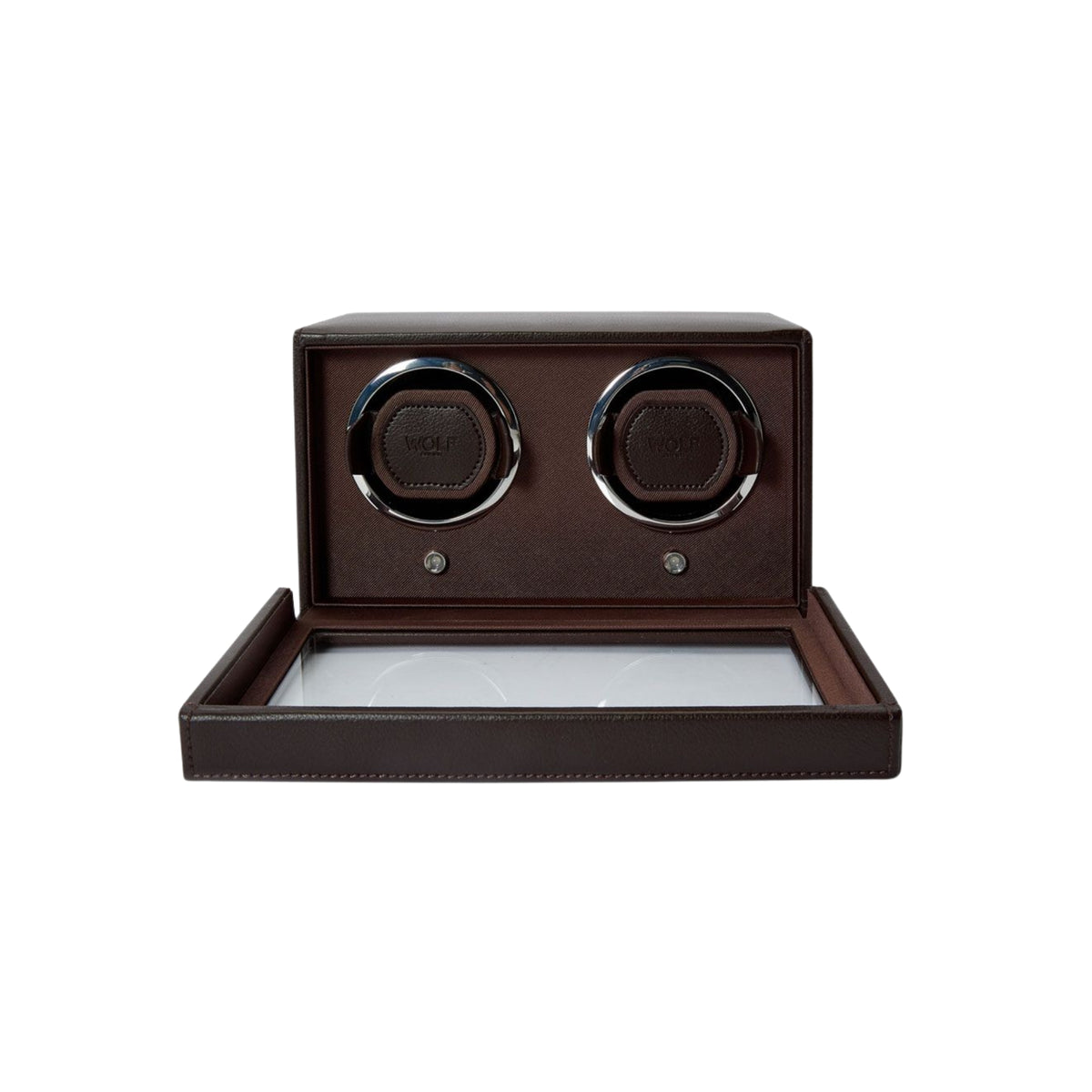 WOLF Cub 461206 front view displaying brown double watch winder with glass cover door opened downward
