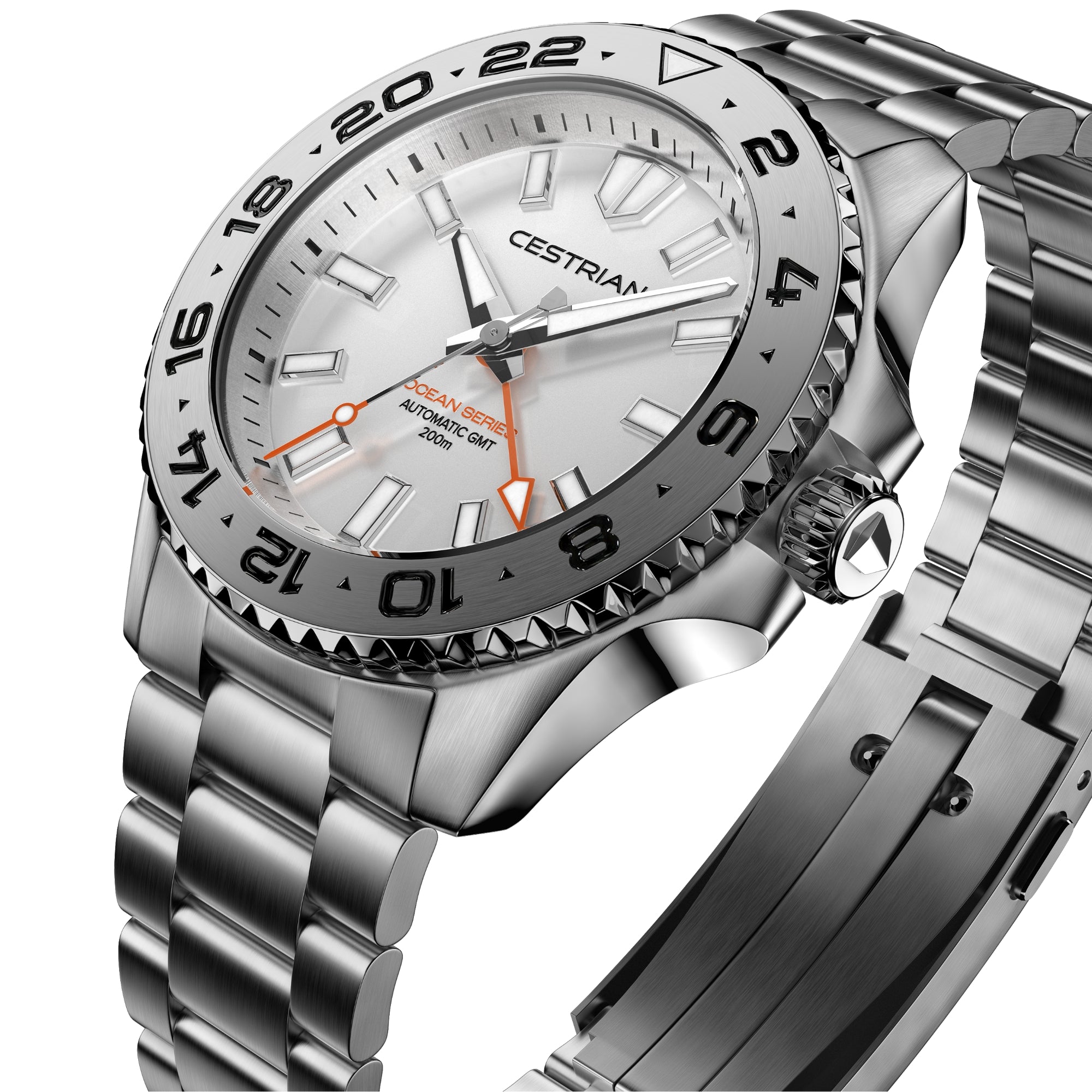 Cestrian Ocean Series Silver White Dial Steel Bracelet Automatic GMT Men's Watch CO-SWS001