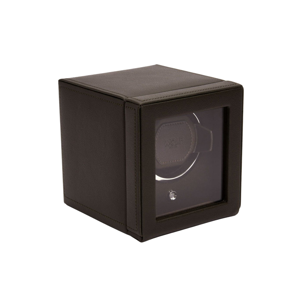 WOLF Cub 461106 three-quarter perspective showing closed brown single watch winder cube with glass door
