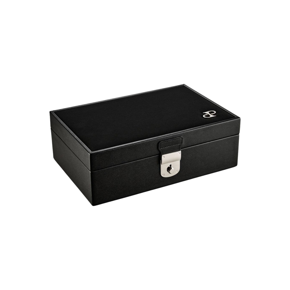 WOLF Philipp 190202 three-quarter perspective showing closed black watch and jewellery box with silver logo emblem