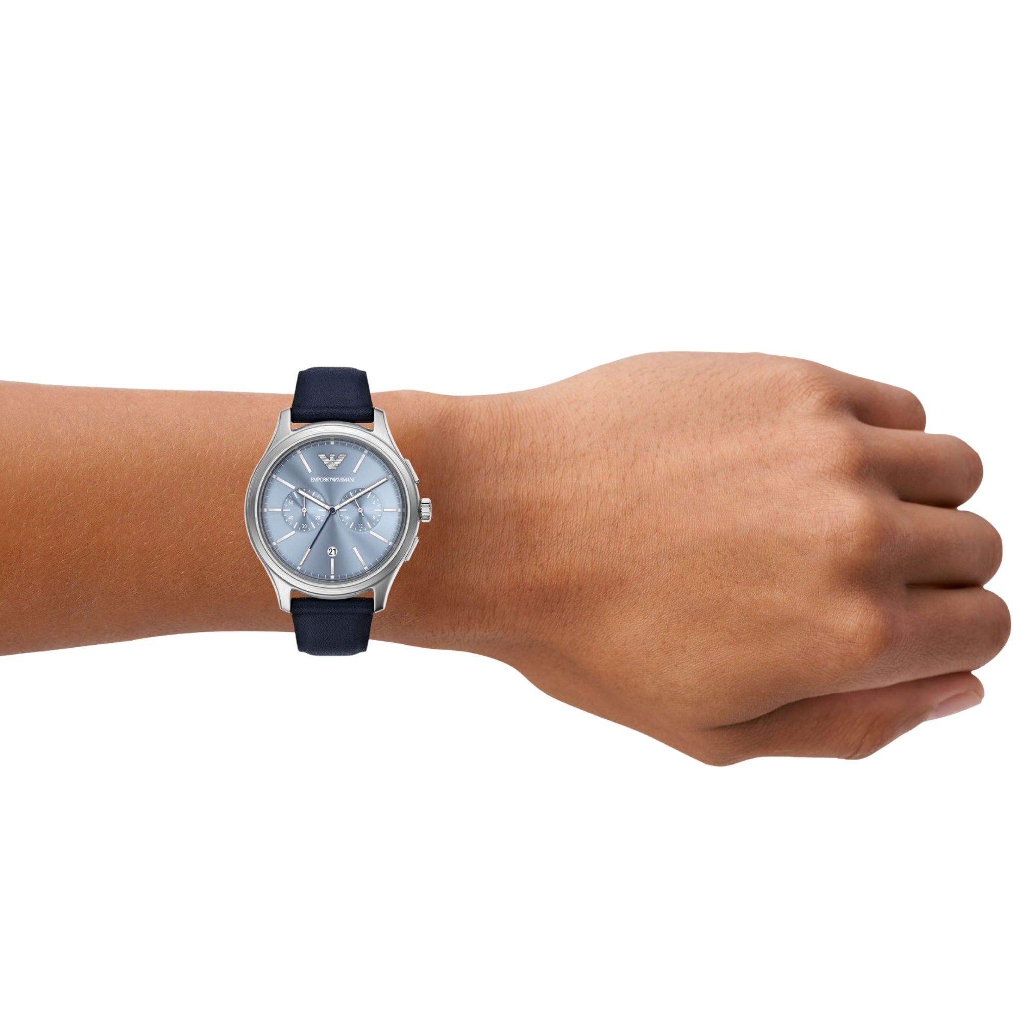 Emporio Armani Dario 42mm Chronograph Blue Dial Leather Mens Quartz Watch AR11747