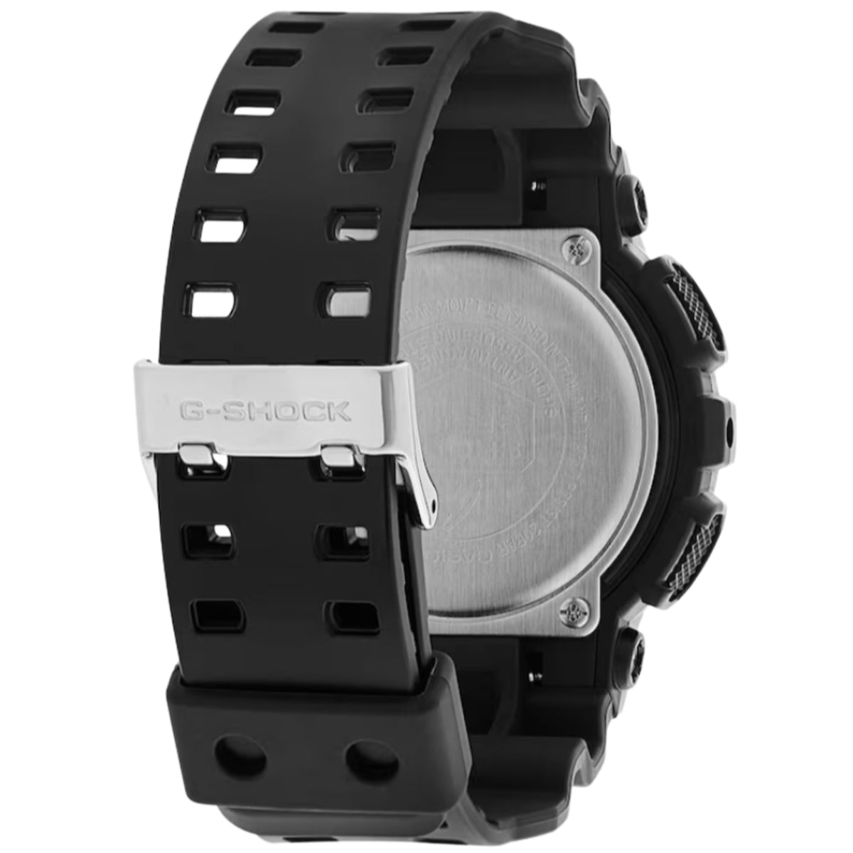 Rear view showcasing the stainless steel case back, textured black resin strap, and silver metal pin buckle of the Casio G-Shock GA-100 Series GA-100CF-1A9ER