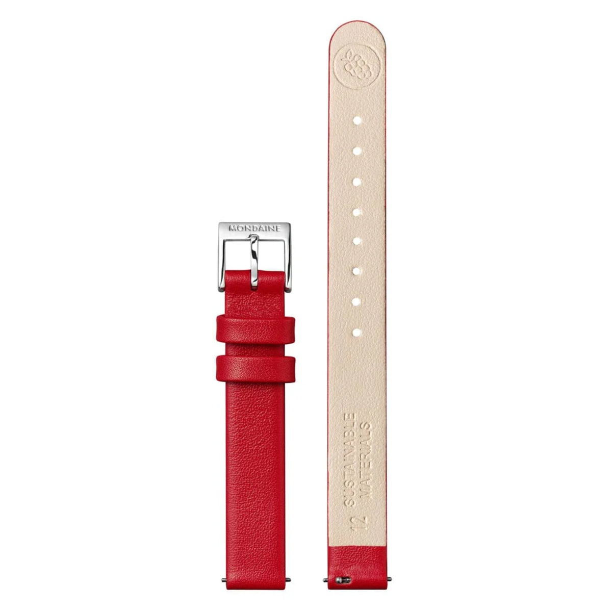 Detached red leather replacement strap for Mondaine Evo2 MSE.26110.LCV showing inner sustainable material lining