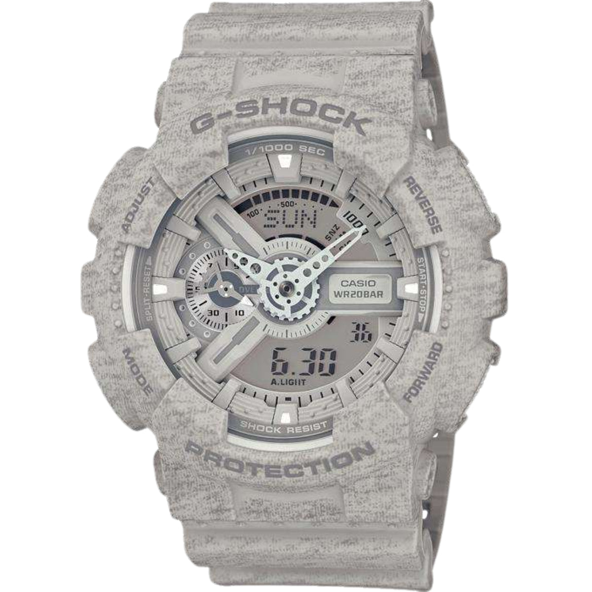 Grey heathered Casio G-Shock men's alarm chronograph watch with digital dial and subdials