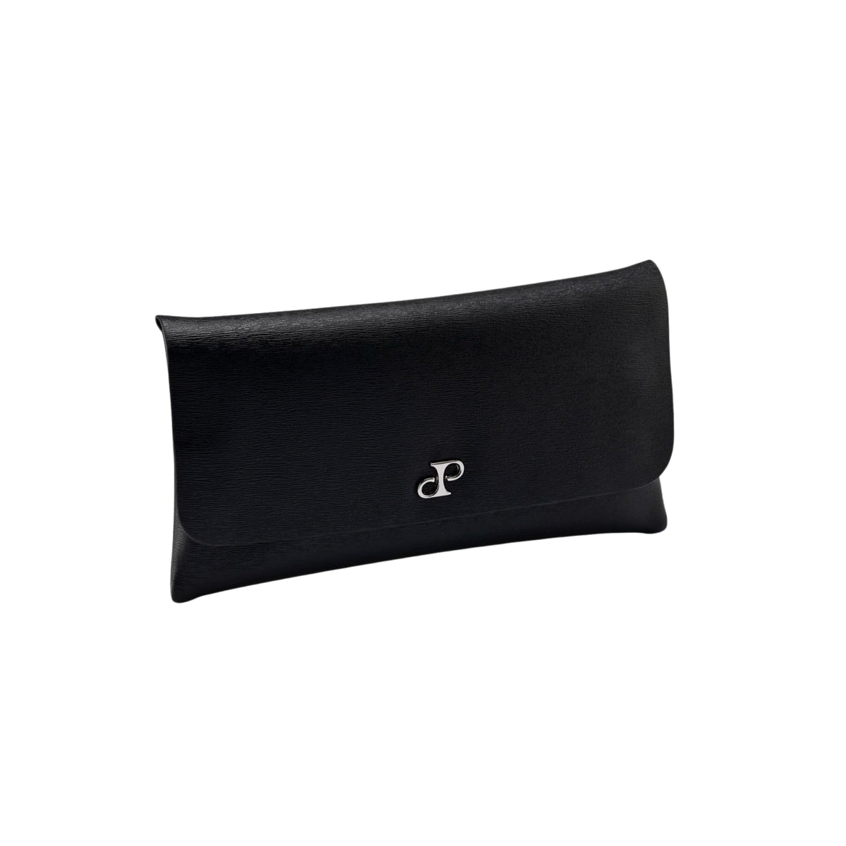 WOLF Philipp 190207 three-quarter view showing closed black vegan leather double watch wrap pouch and flap detail