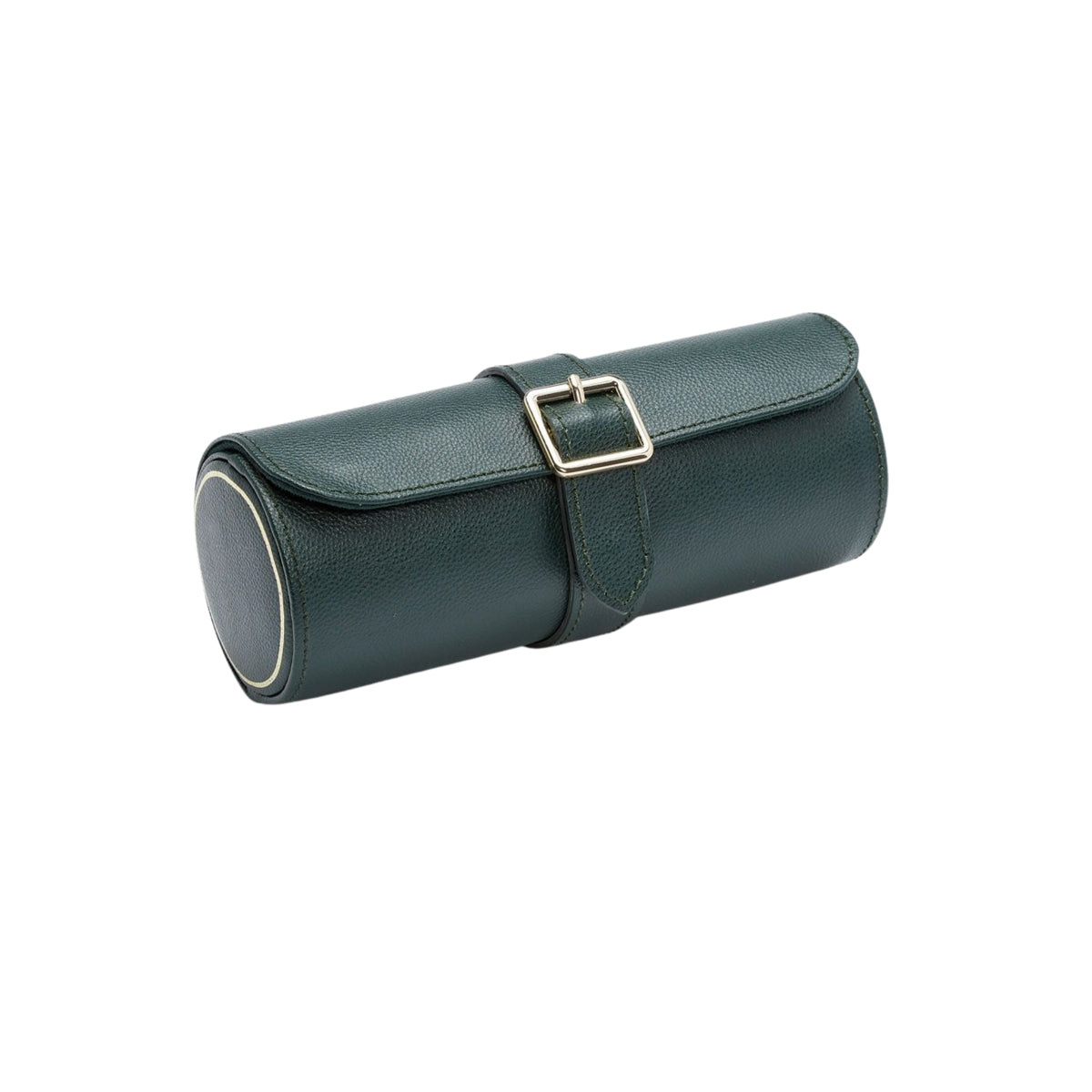 WOLF British Racing Green 792941 perspective view showing closed cylindrical triple watch roll case with gold buckle
