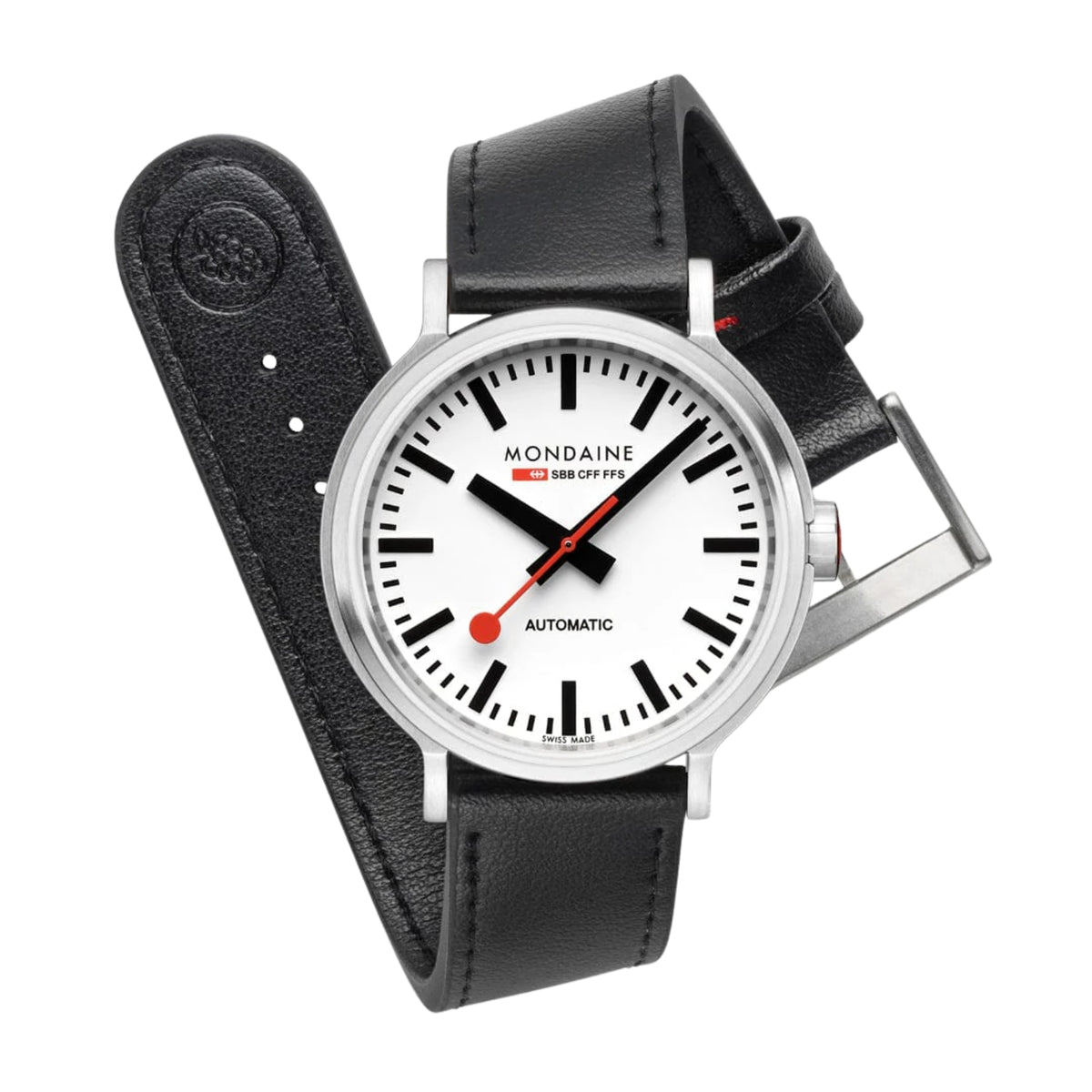 Mondaine The Original MST.4161B.LBV automatic wrist watch angled overview with looped black leather strap