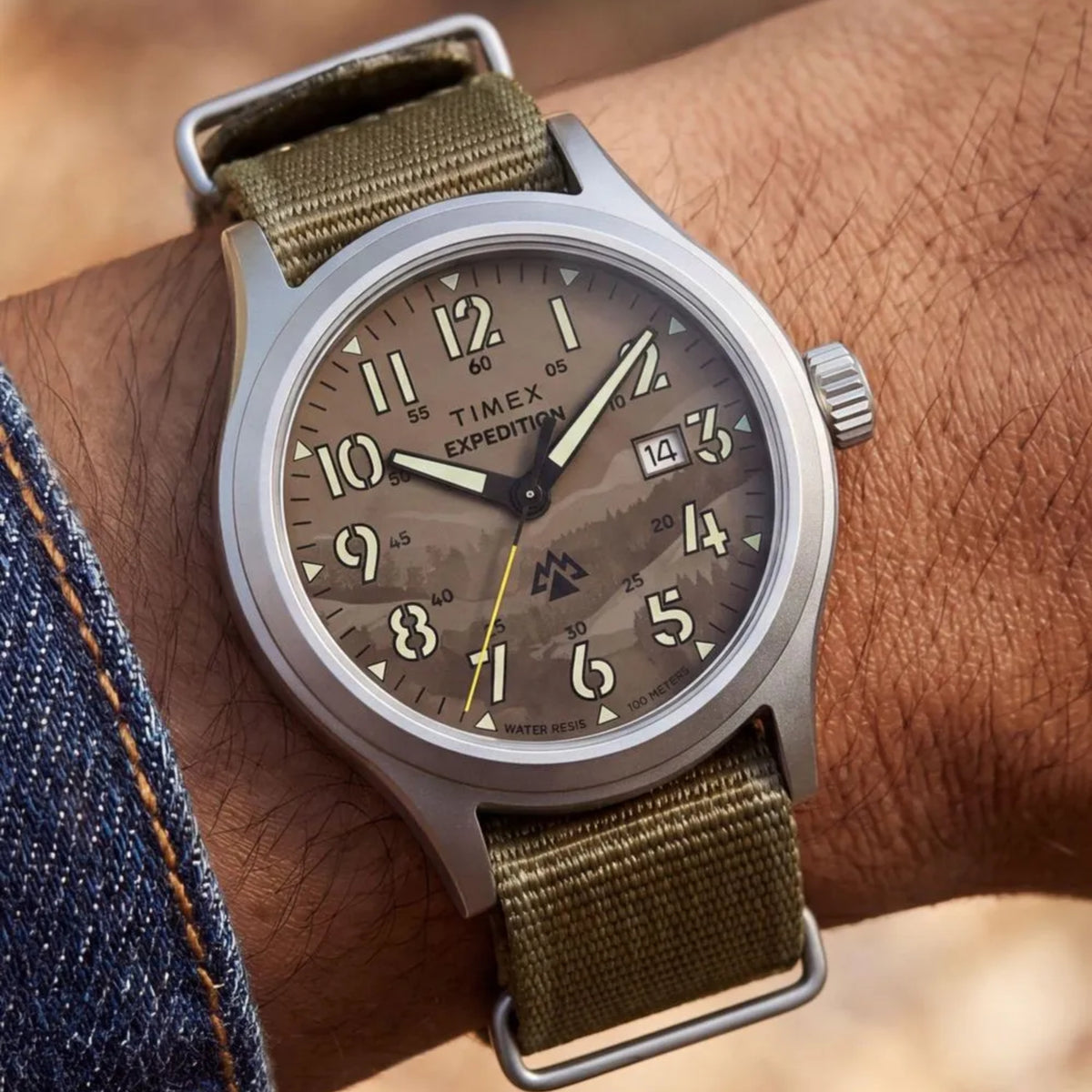 Timex Expedition Sierra TW2Y89400 wrist view showing a brown dial field watch styled on a person wearing a textile strap