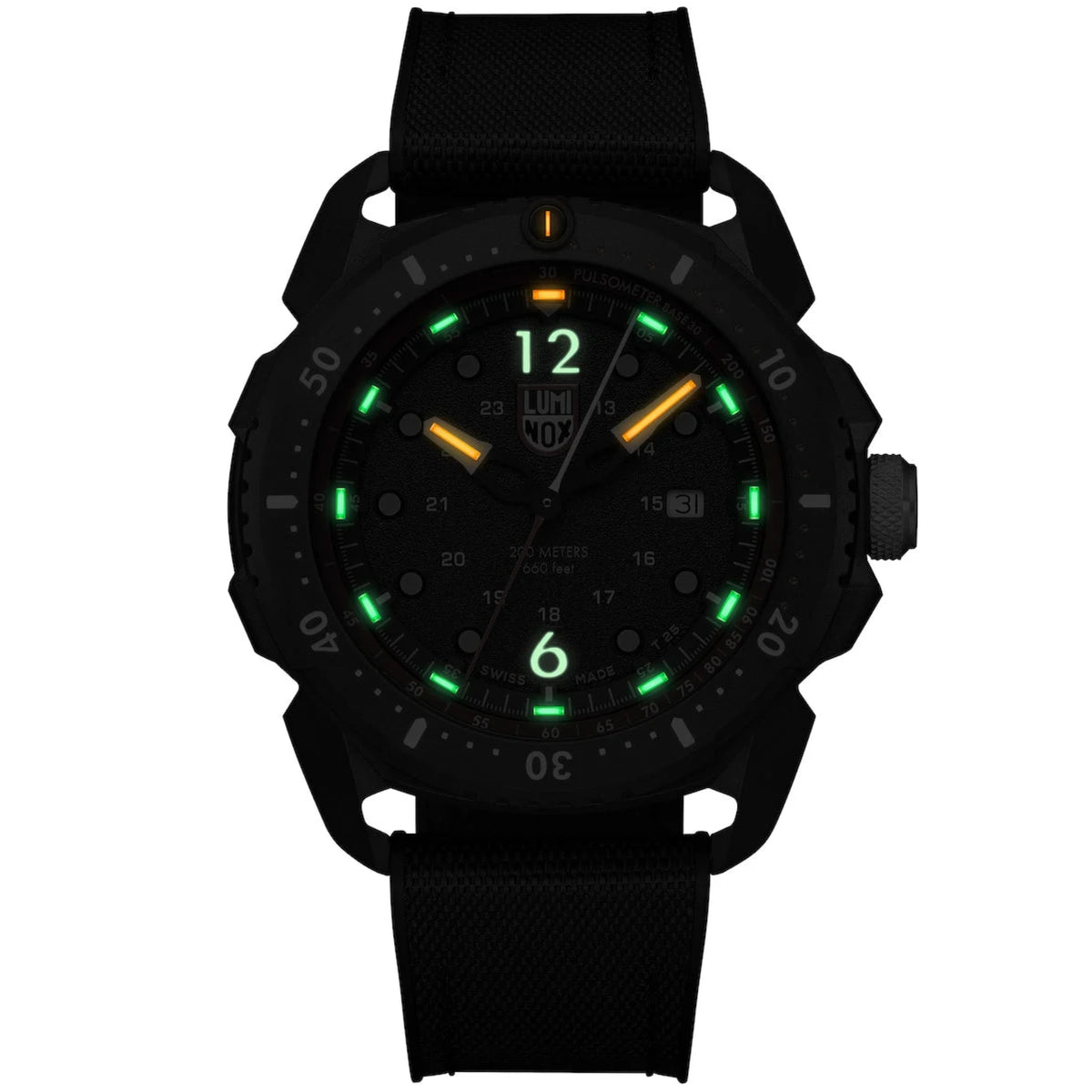 Luminox ICE SAR Arctic XL.1051 black/red dial watch showing green and orange luminous night display