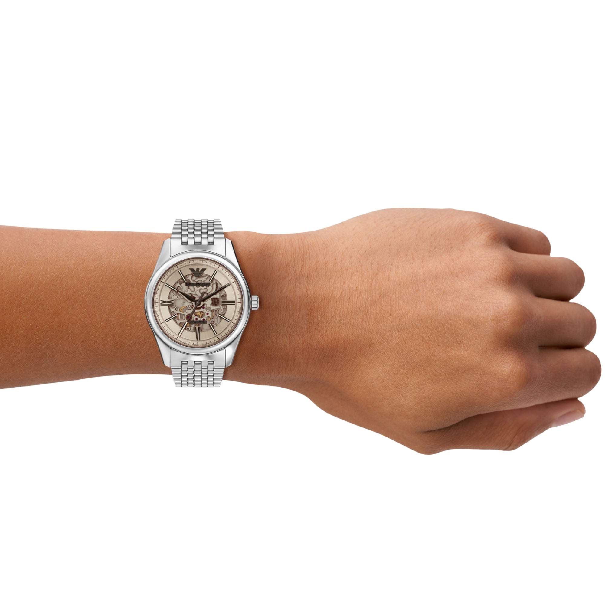 Emporio Armani Antonio 43mm Skeleton Silver Dial Steel Mens Automatic Watch AR60095