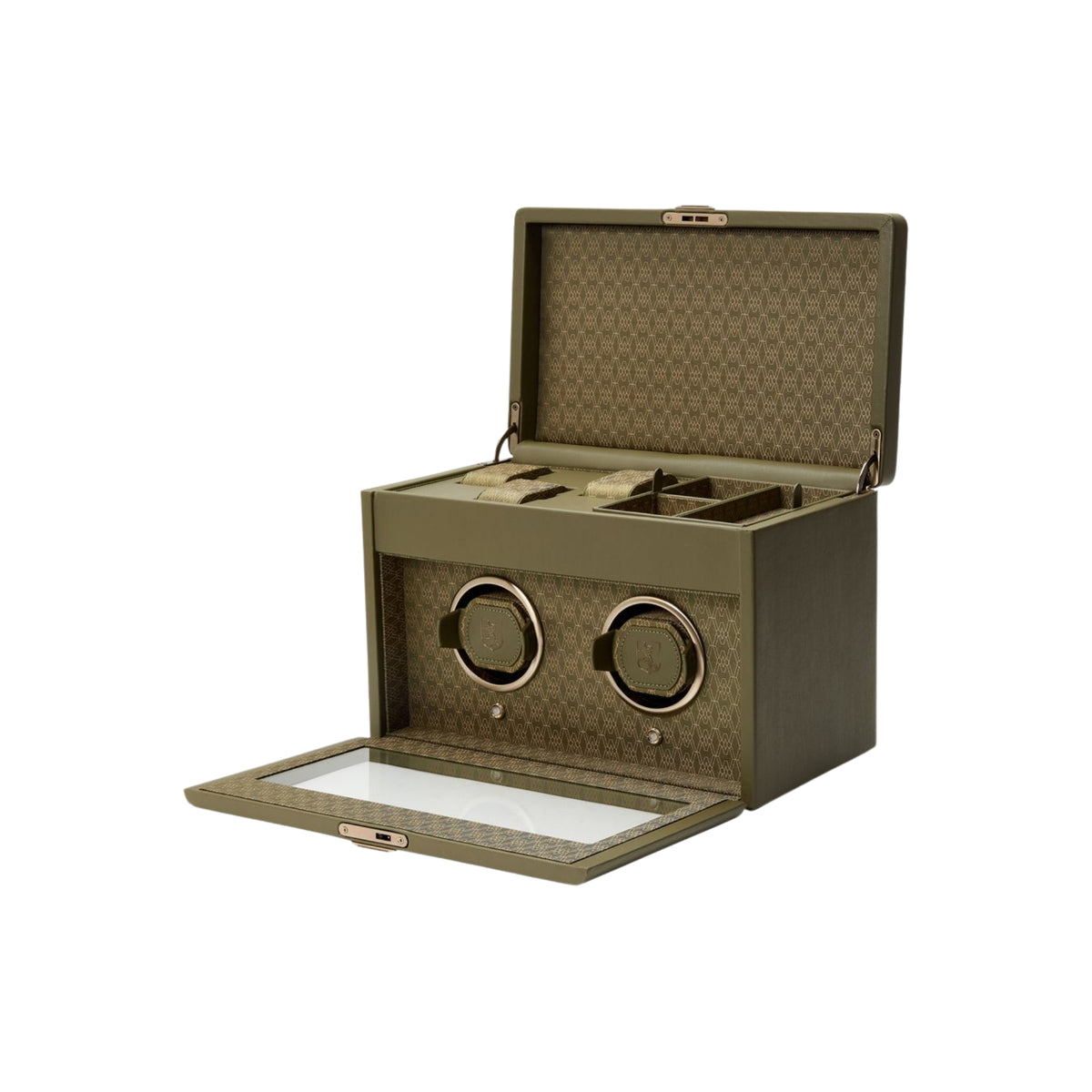 WOLF Earth 190th Anniversary 190441 open view displaying olive double watch winder with top storage compartment and front door lowered