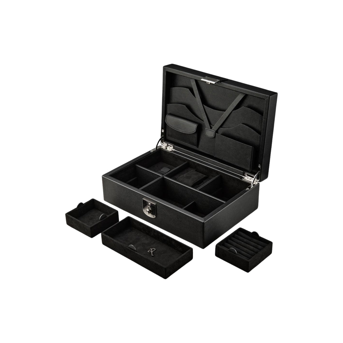 WOLF Philipp 190202 exploded view showing open black box with removable interior storage trays and watch pad