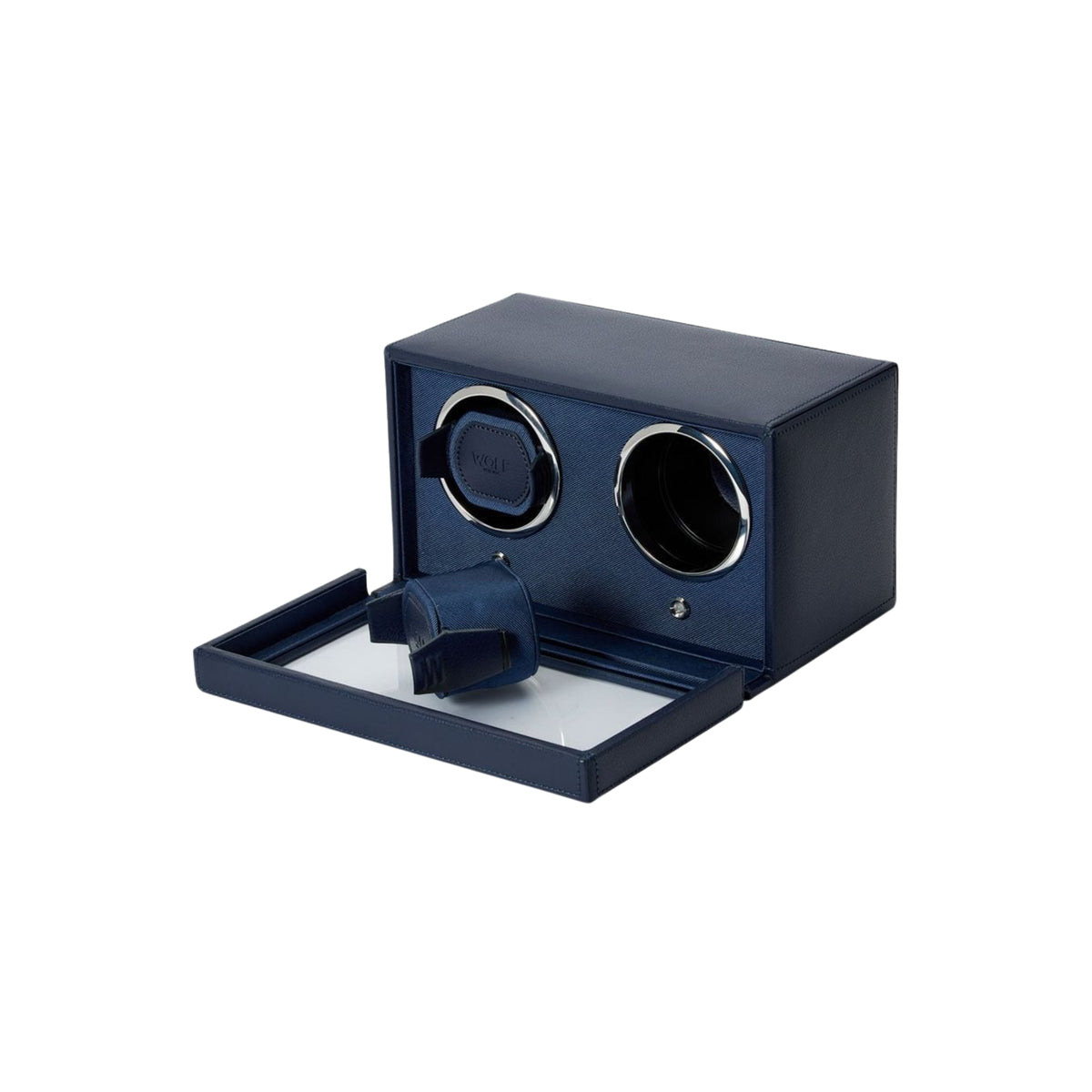 WOLF Cub 461217 perspective view of open navy double watch winder with one watch cuff cushion removed