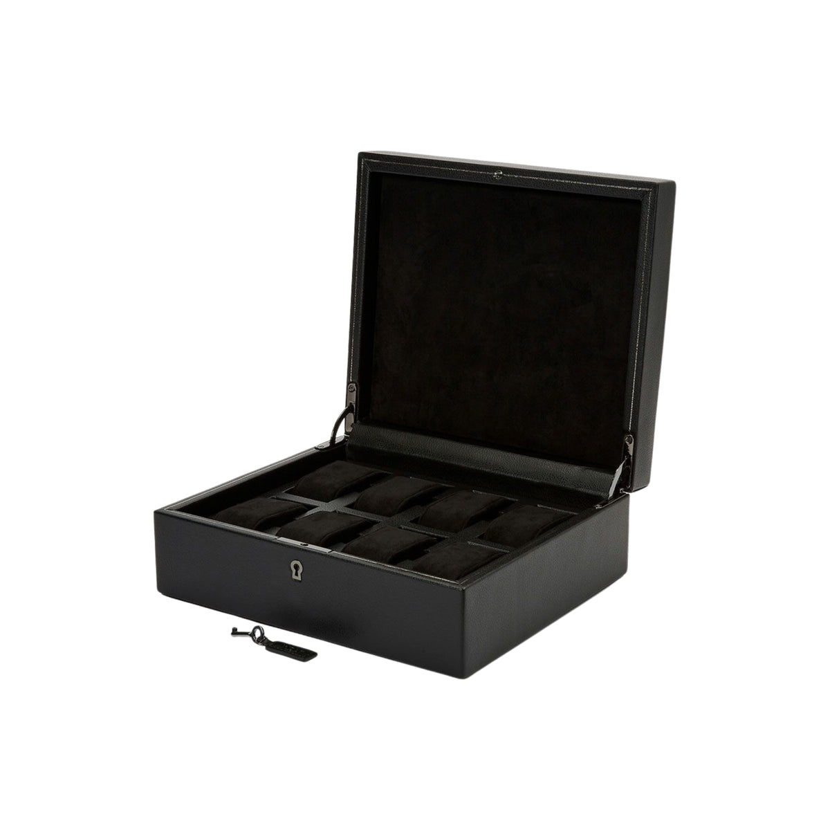 WOLF British Racing 792602 perspective view of open black watch box with 8 storage cushions and key