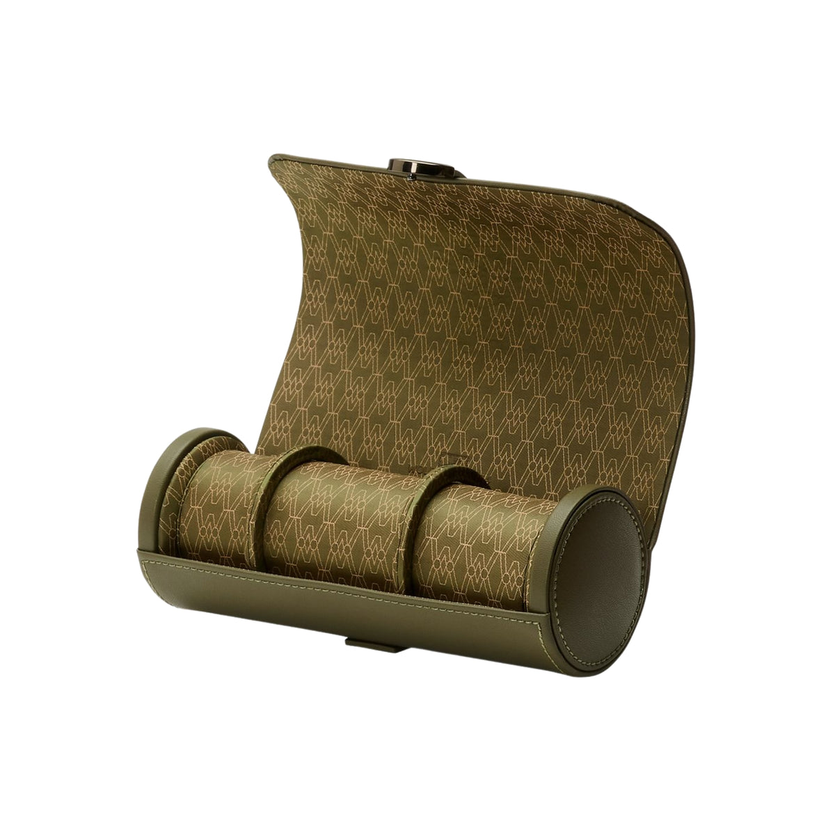 WOLF Earth 190th Anniversary 190641 interior view displaying open olive watch roll with patterned lining and watch cushion