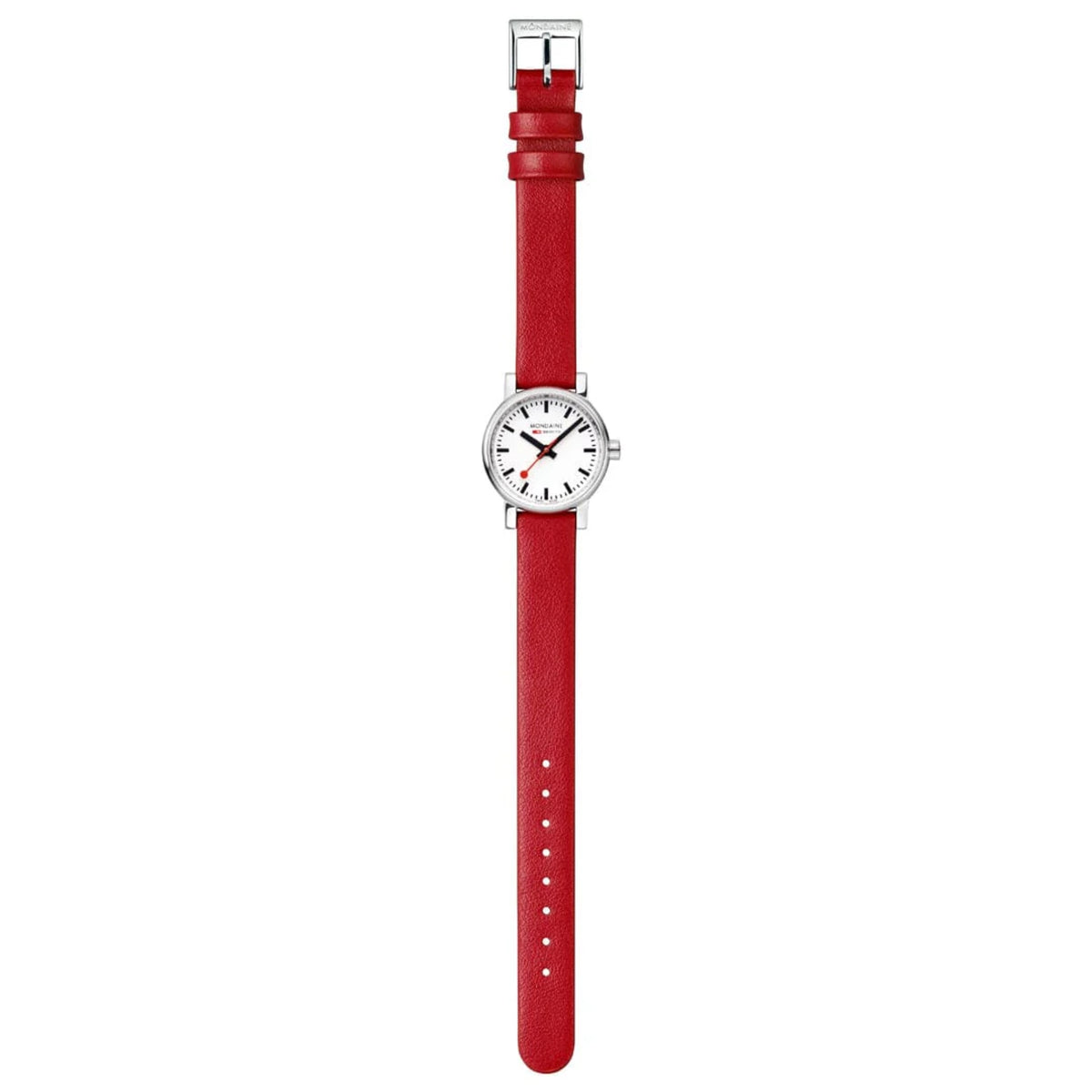 Full flat lay of Mondaine Evo2 MSE.26110.LCV red band watch fully extended