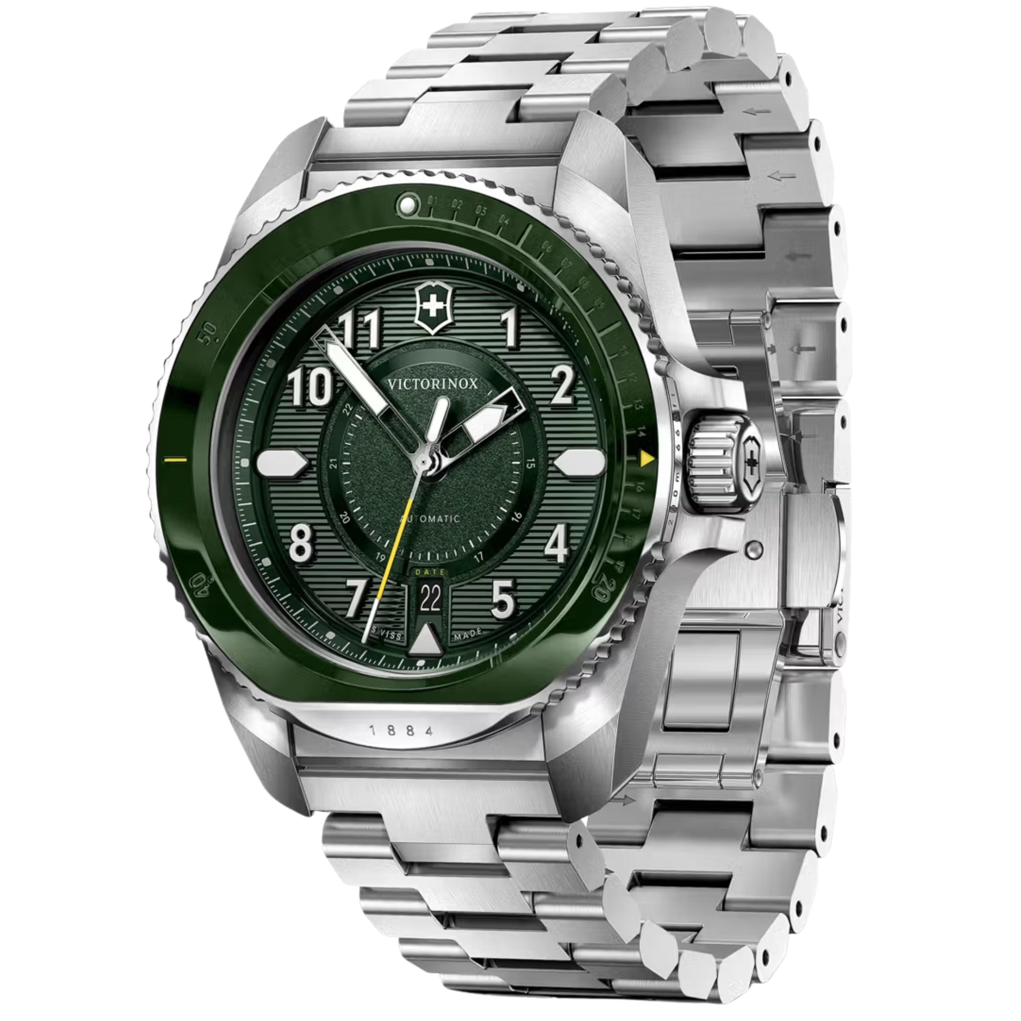 Angled view of Victorinox Journey 1884 242015 green dial automatic watch highlighting stainless steel case and bracelet