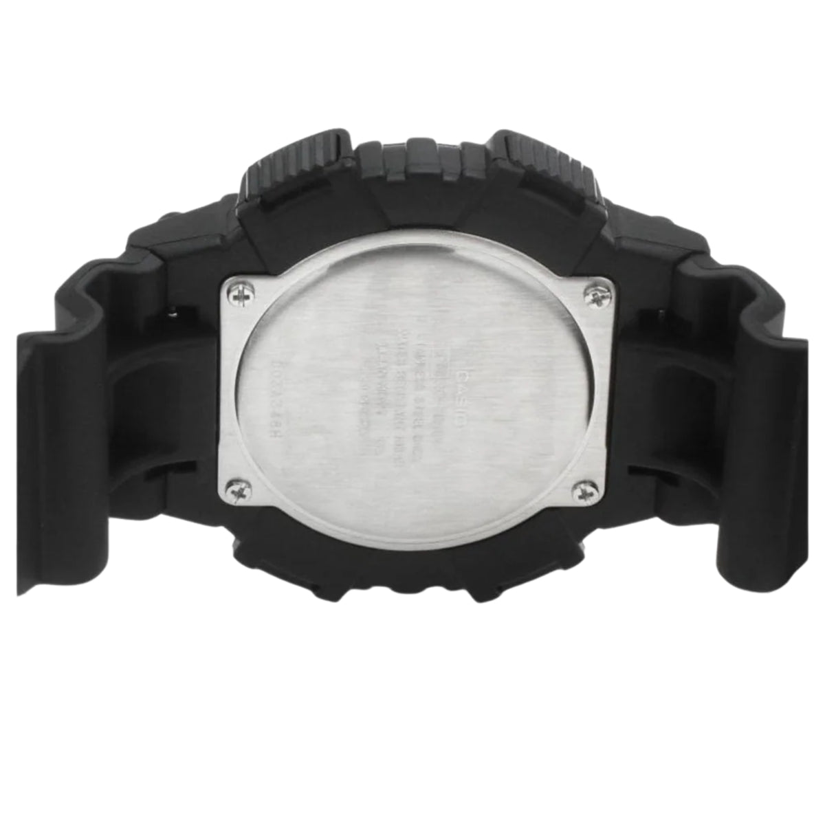 Back view of black resin Casio watch case with silver metal cover