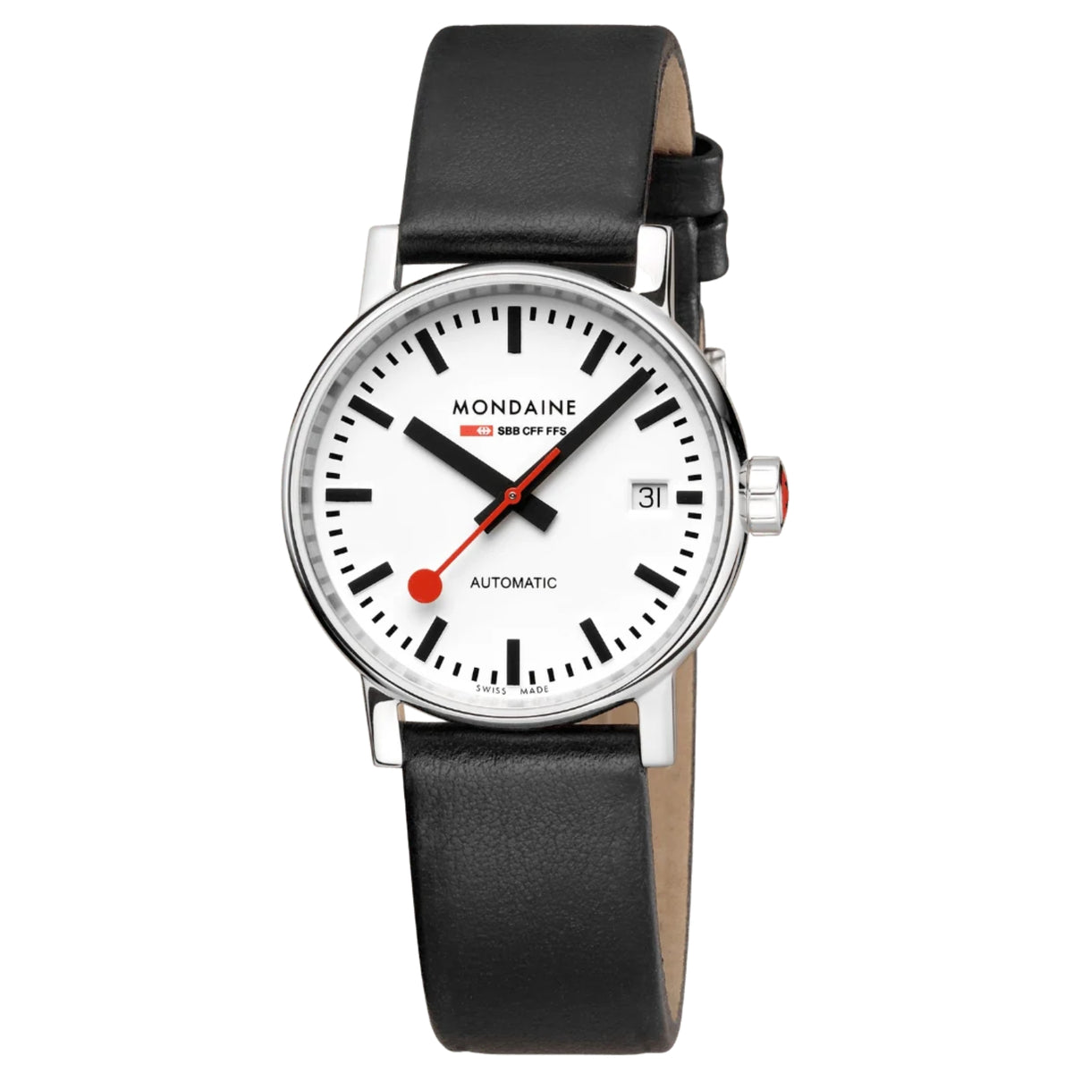 Round automatic watch with white dial, red accents, black leather strap and silver case