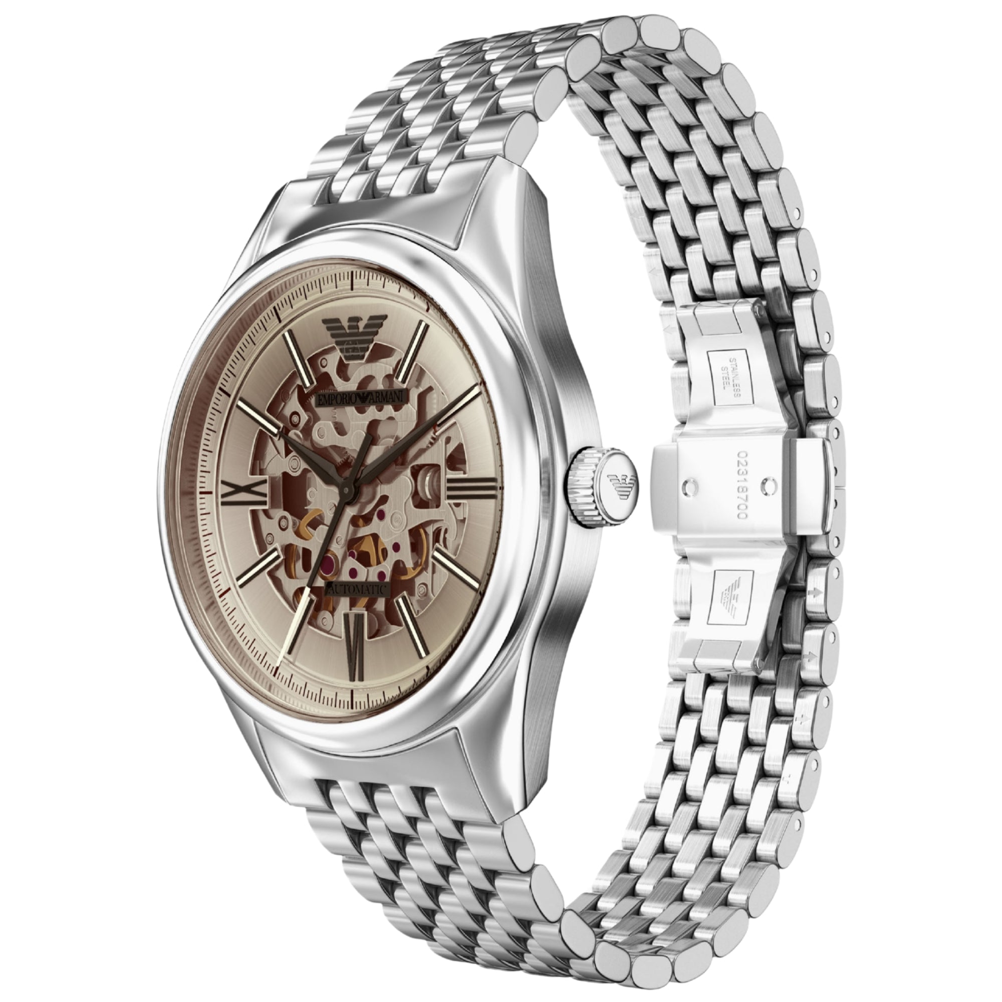 Emporio Armani Antonio 43mm Skeleton Silver Dial Steel Mens Automatic Watch AR60095