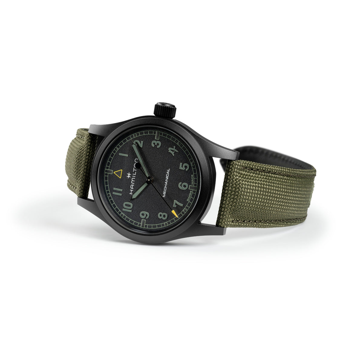 Hamilton Khaki Field Call of Duty H69469930 perspective view displaying black PVD case and green fabric band