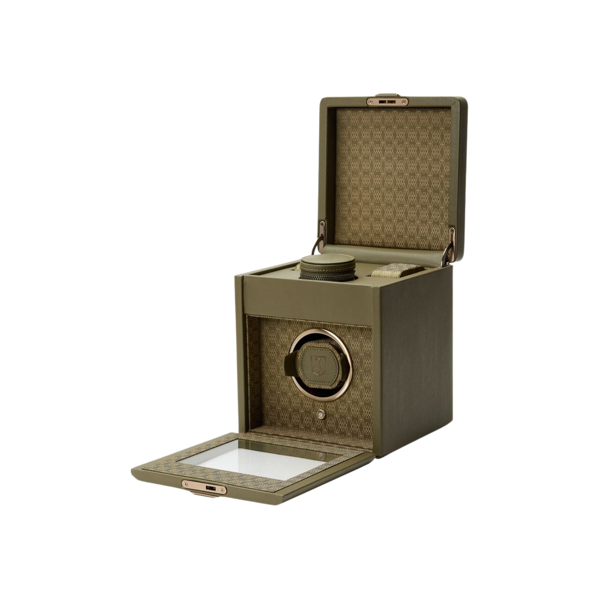 WOLF Earth 190th Anniversary 190341 open view displaying olive single watch winder with top storage lid and front door lowered