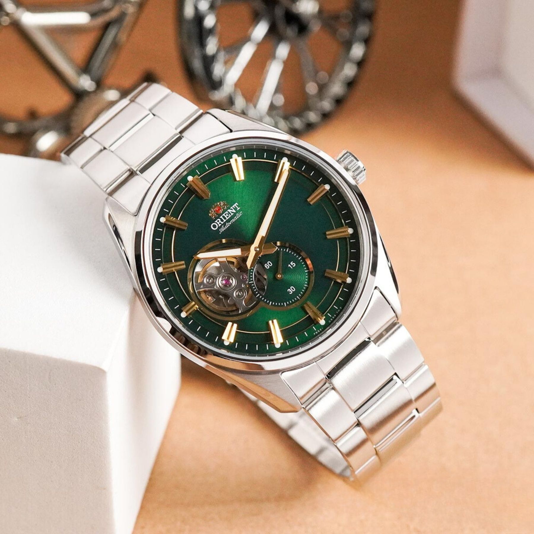 Orient Stretto 41mm Semi Skeleton Green Dial Steel Mens Automatic Watch RA-AR0008E30B