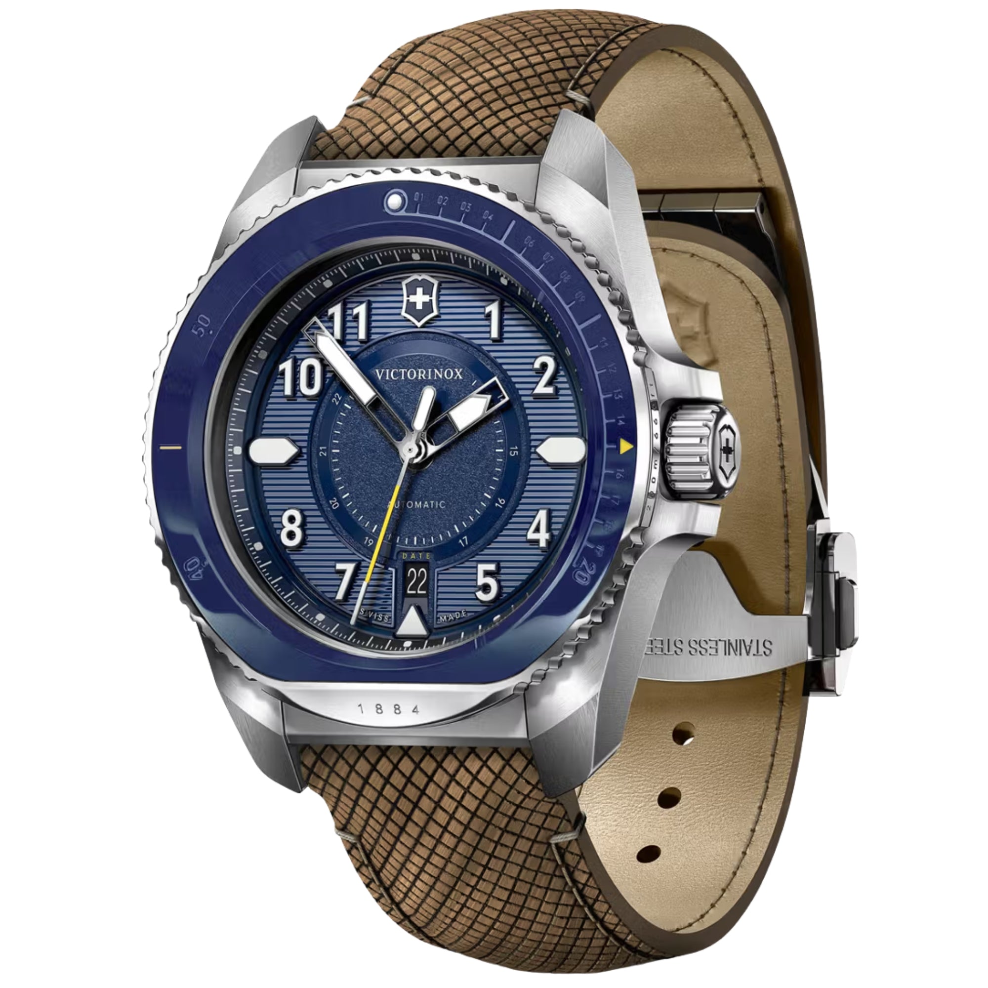 A Victorinox automatic watch featuring a stainless steel case, blue dial and bezel, and a brown textured strap