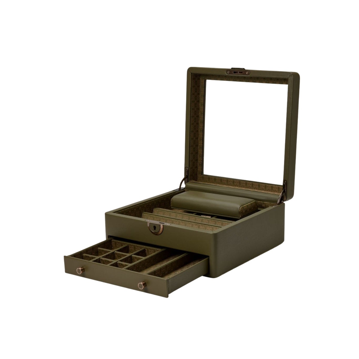 WOLF Earth 190741 open interior view displaying olive watch box with glass lid raised, watch cushion pad, and open drawer