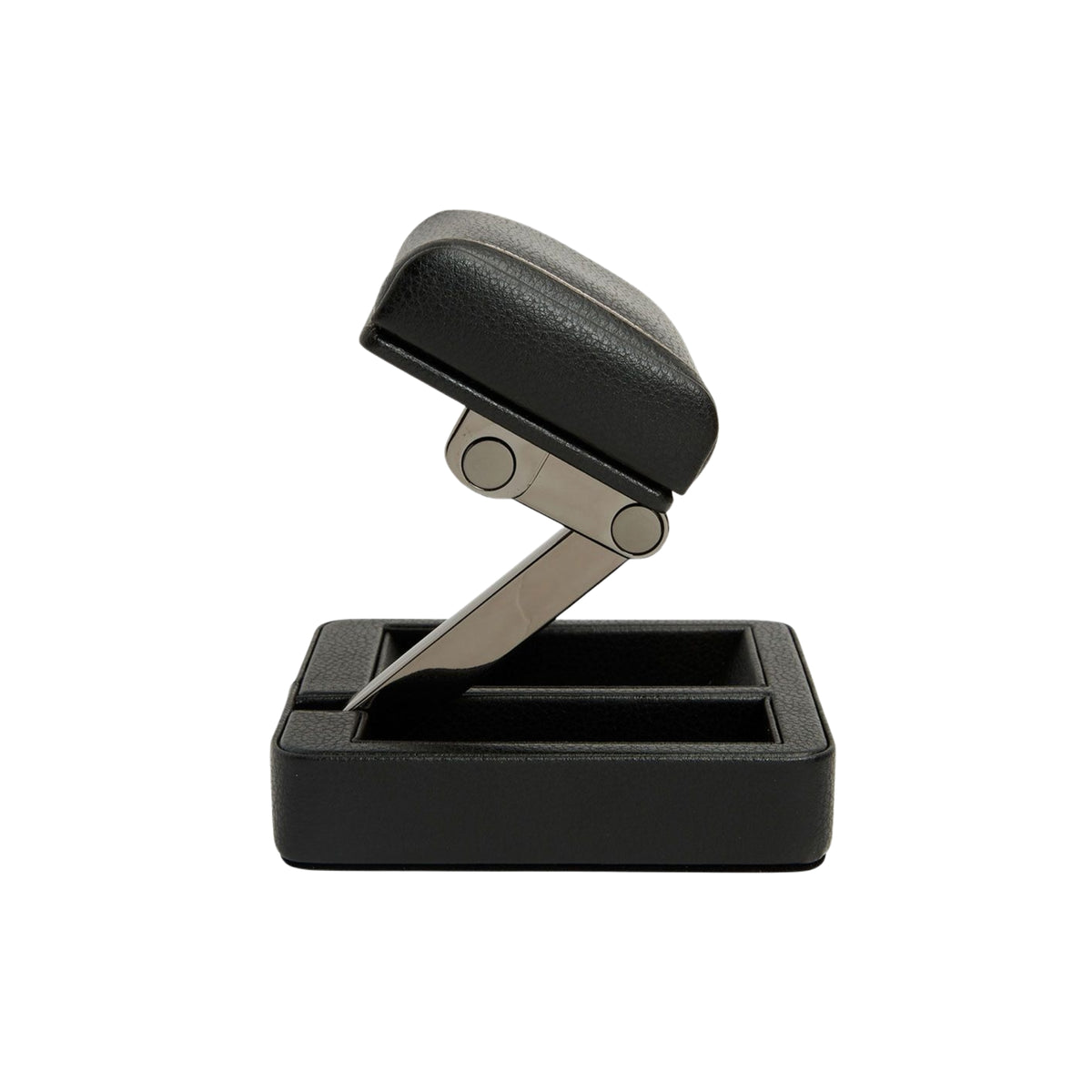 WOLF British Racing 485402 side profile view highlighting extended metal support arm, watch cushion, and base tray
