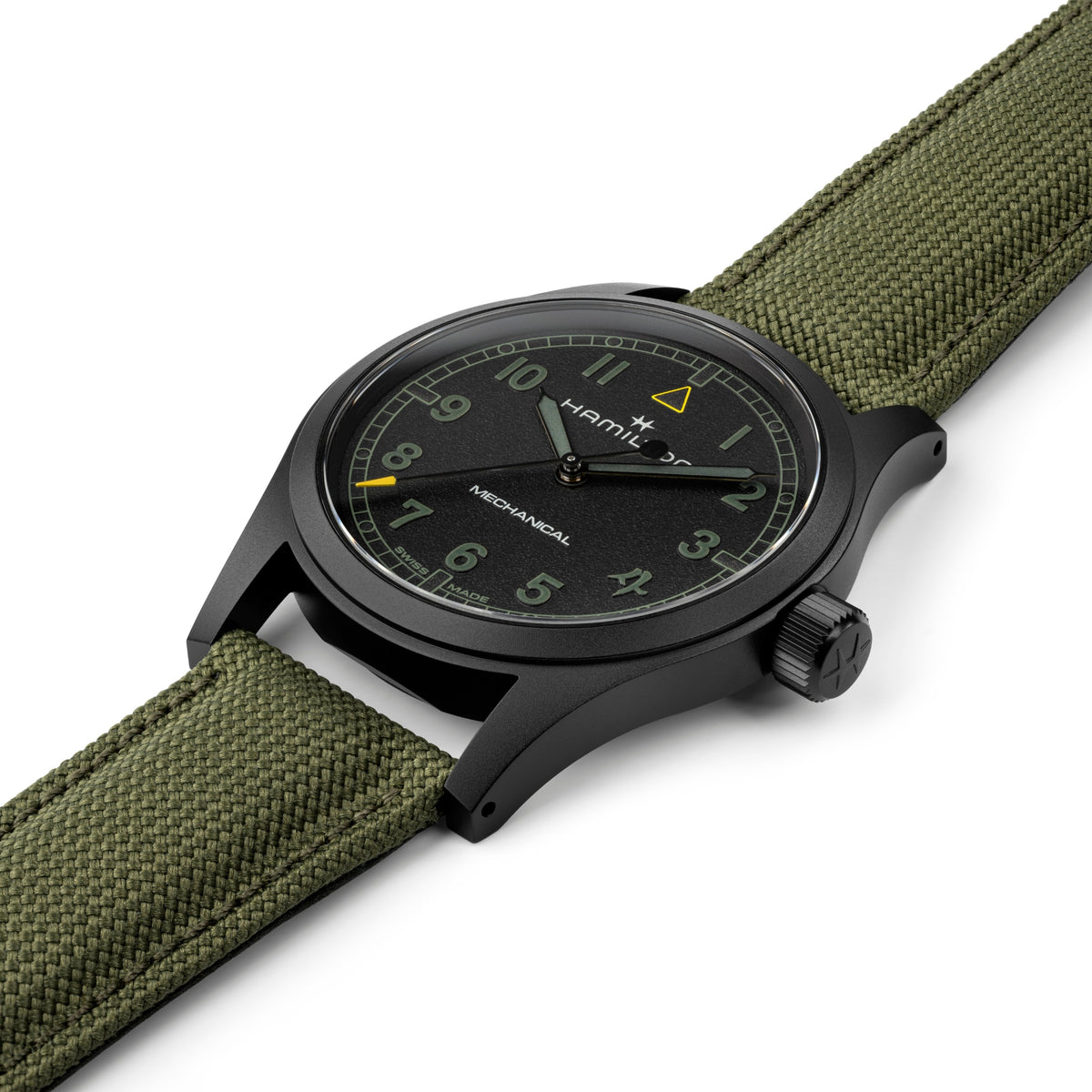 Hamilton Khaki Field Call of Duty H69469930 close-up view of black textured dial with yellow accents and crown