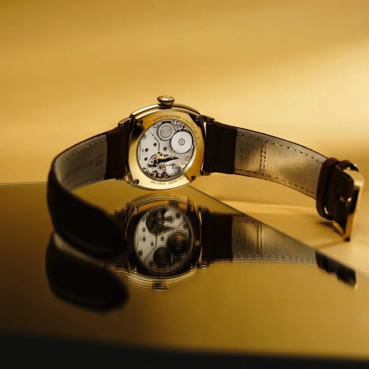 Hamilton American Classic Cushion Mechanical 34mm Beige Dial Yellow Gold-Tone Steel Leather Mens Manual-Wind Watch H36139520