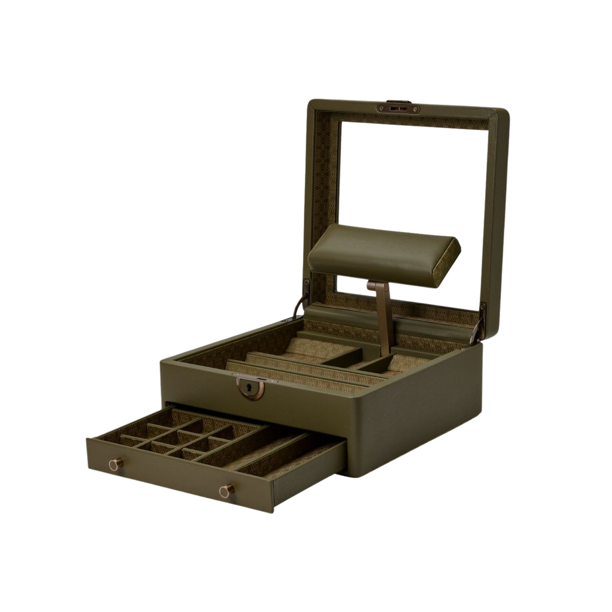 WOLF Earth 190741 perspective view showing raised watch stand riser inside open olive watch box with pull-out compartment drawer