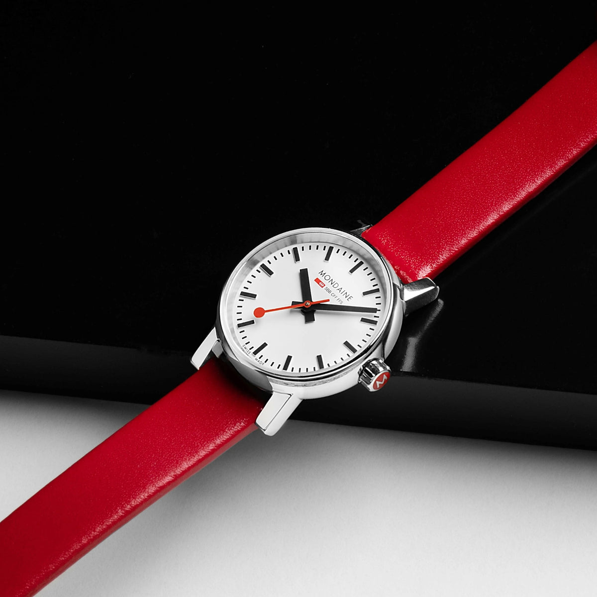 Mondaine Evo2 MSE.26110.LCV dress watch showcasing the red 'M' crown and polished silver case