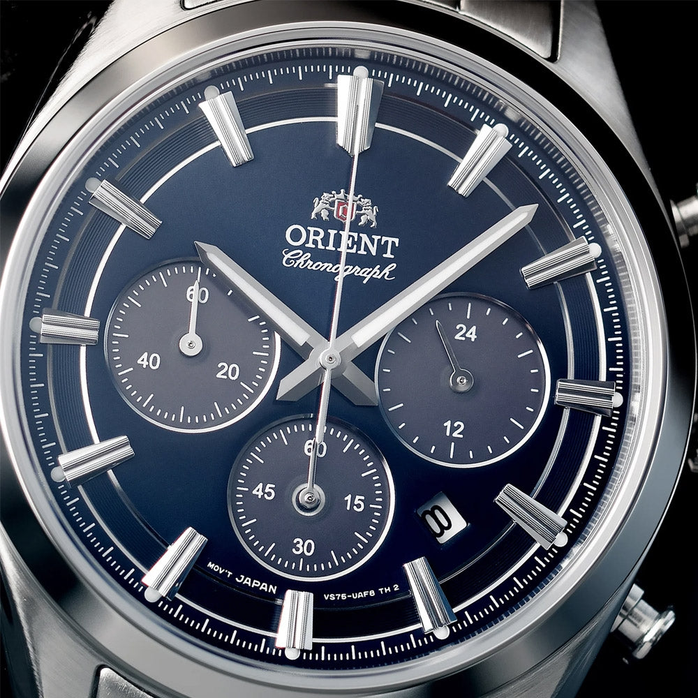 Orient Stretto 40mm Chronograph Navy Dial Steel Mens Solar Watch RA-TX0303L10B