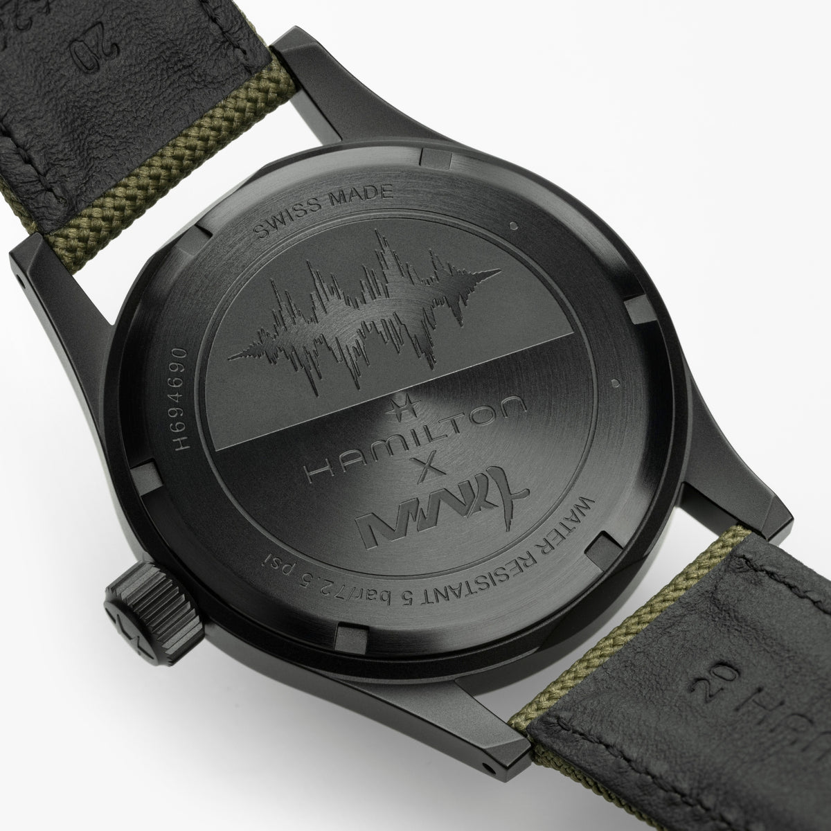 Hamilton Khaki Field Call of Duty H69469930 back case showing special edition collaborative logo engraving