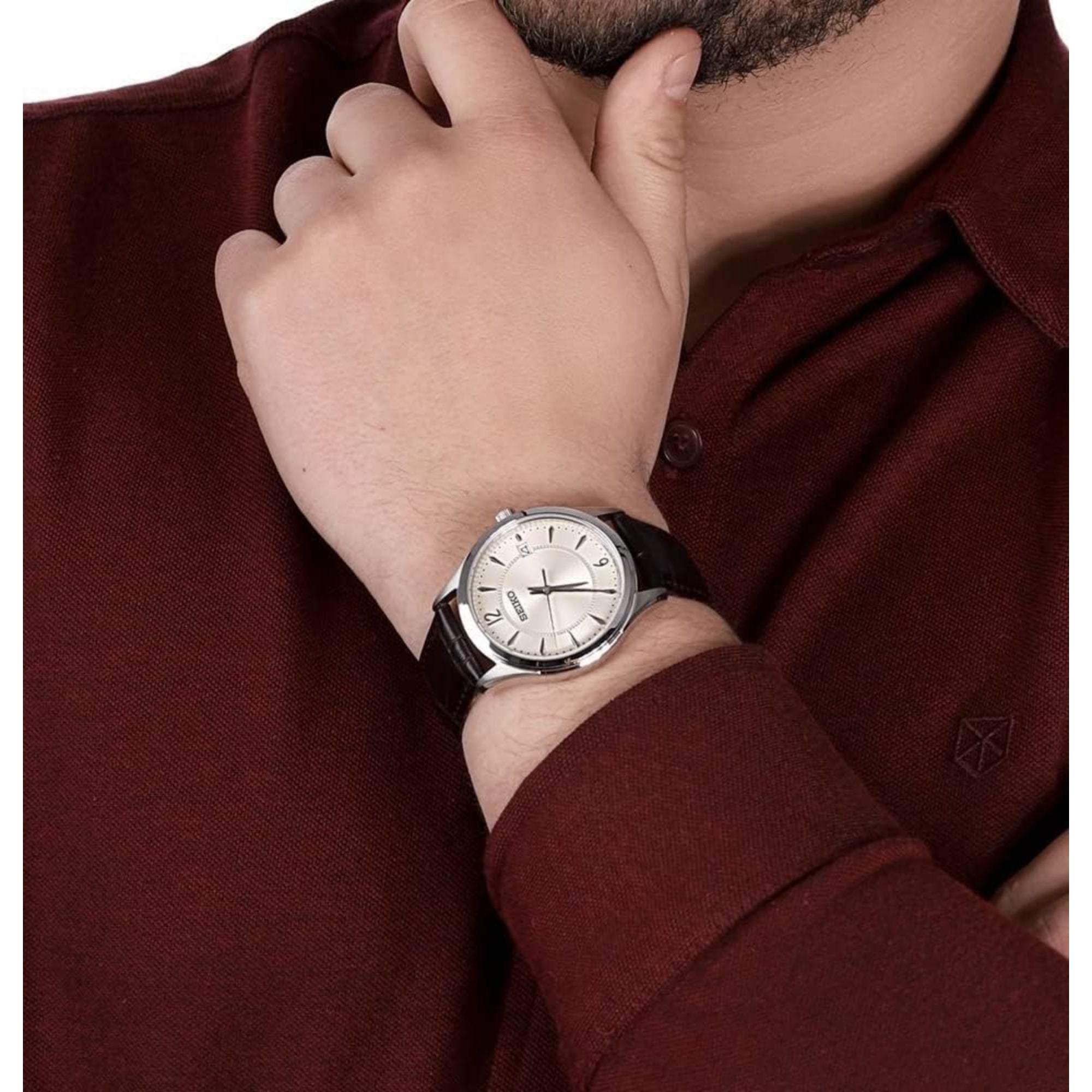 Seiko Essentials 39mm Ivory Dial Leather Mens Quartz Watch SUR421P1