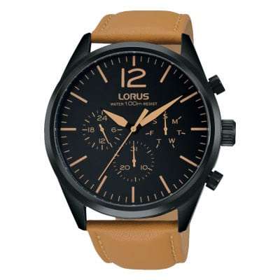 Lorus Sport Brown Leather Strap Black Dial Men's Watch RX411AX9 - WatchNation