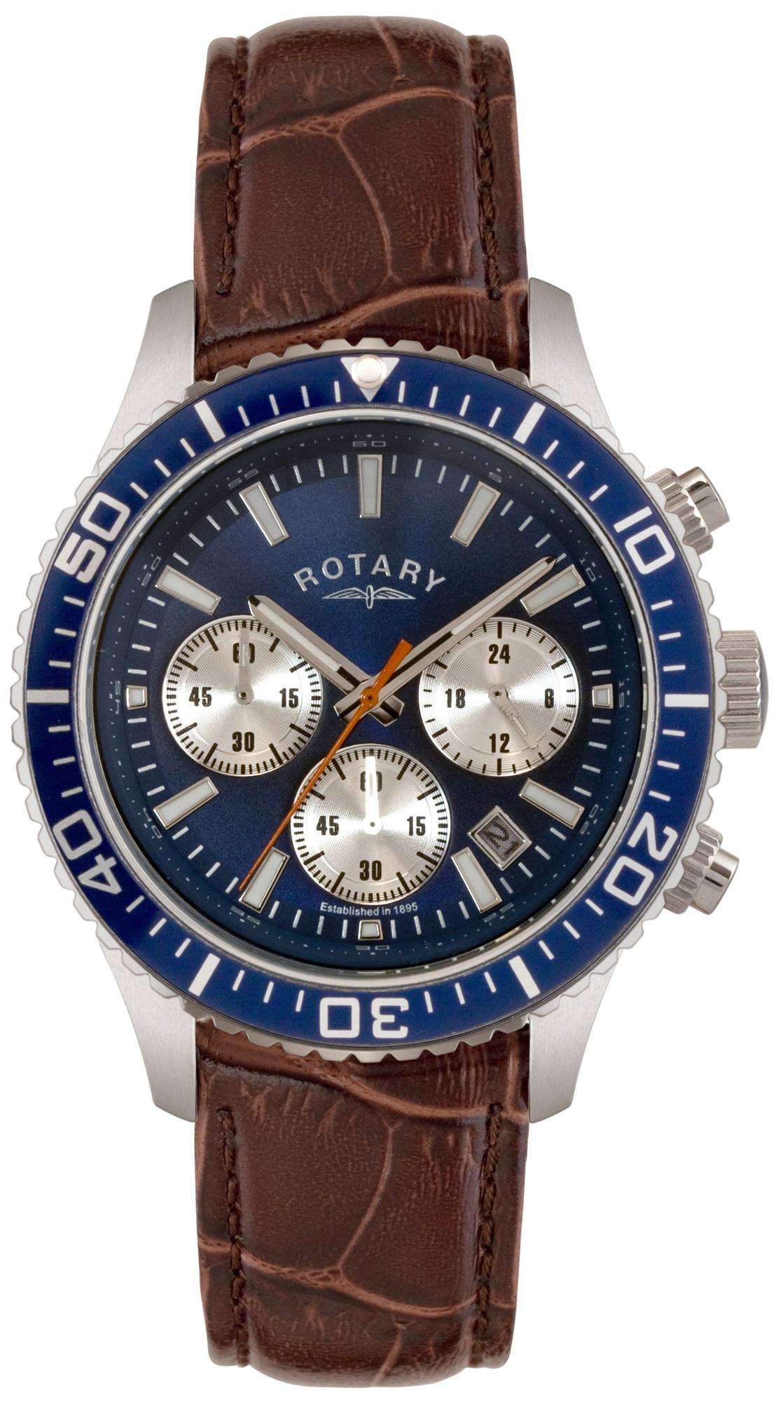 Rotary Classic Blue Dial Brown Leather Strap Men's Chronograph - WatchNation