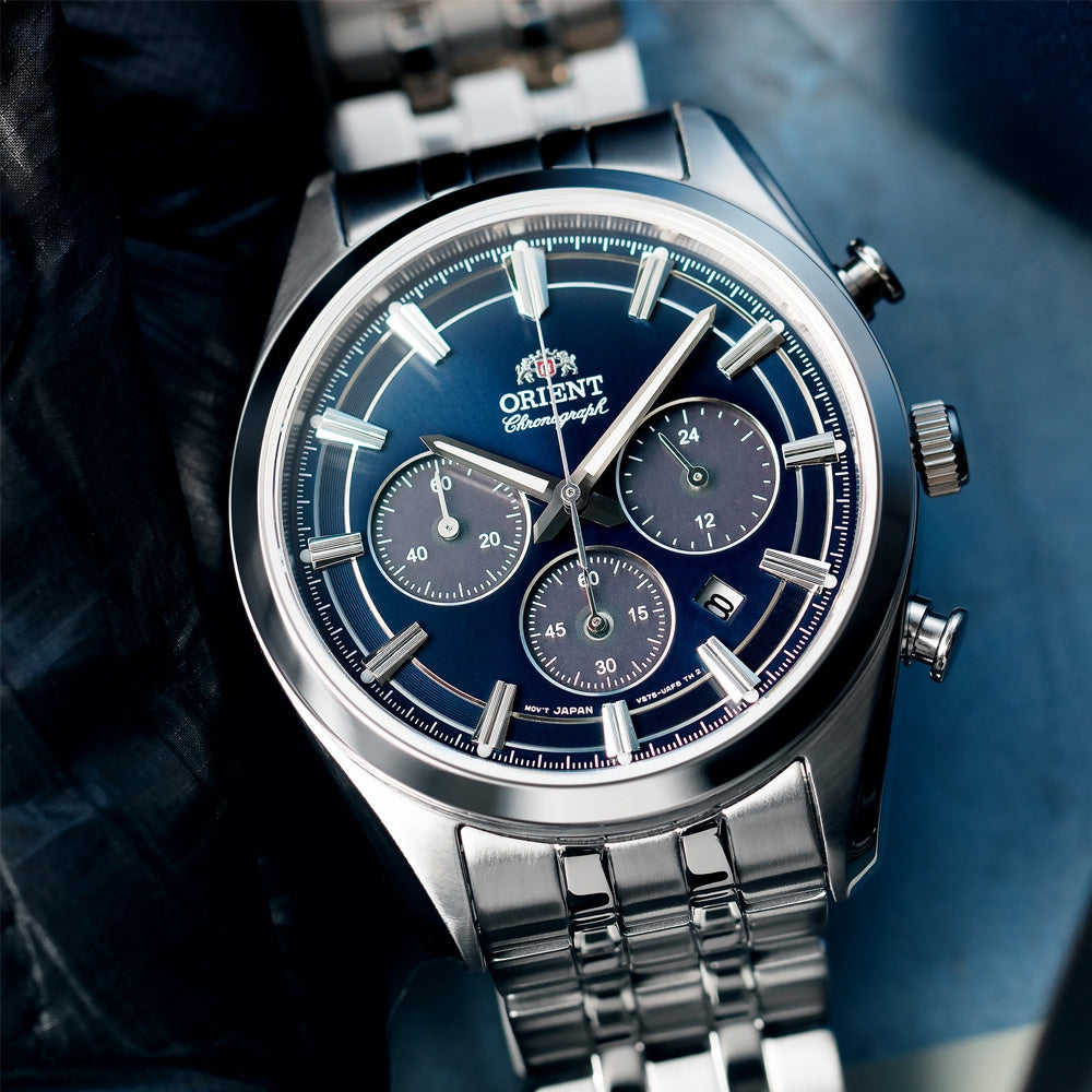 Orient Stretto 40mm Chronograph Navy Dial Steel Mens Solar Watch RA-TX0303L10B